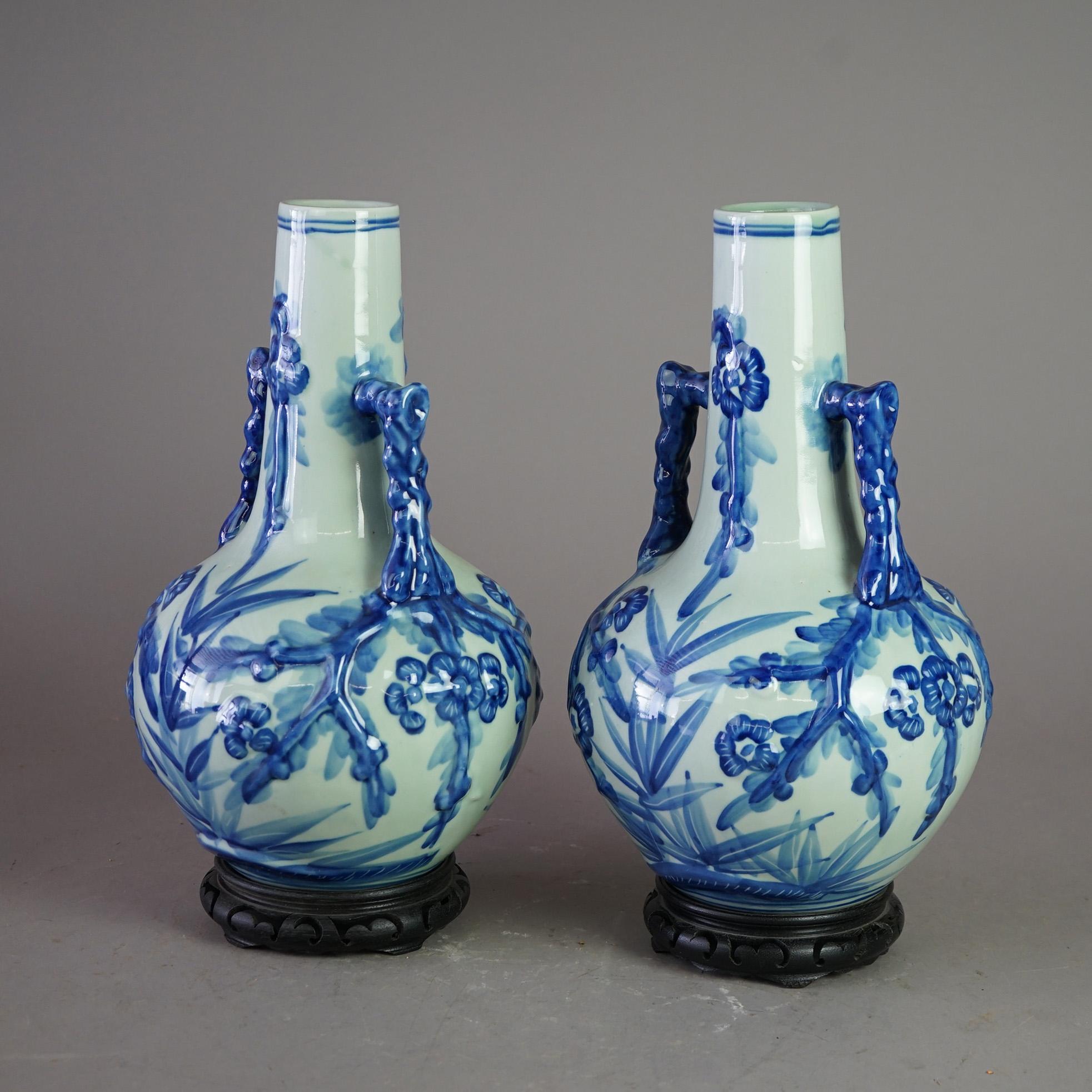 Pair Chinese Canton Style Porcelain Blue Glazed Bottle Vases 20th C In Good Condition For Sale In Big Flats, NY