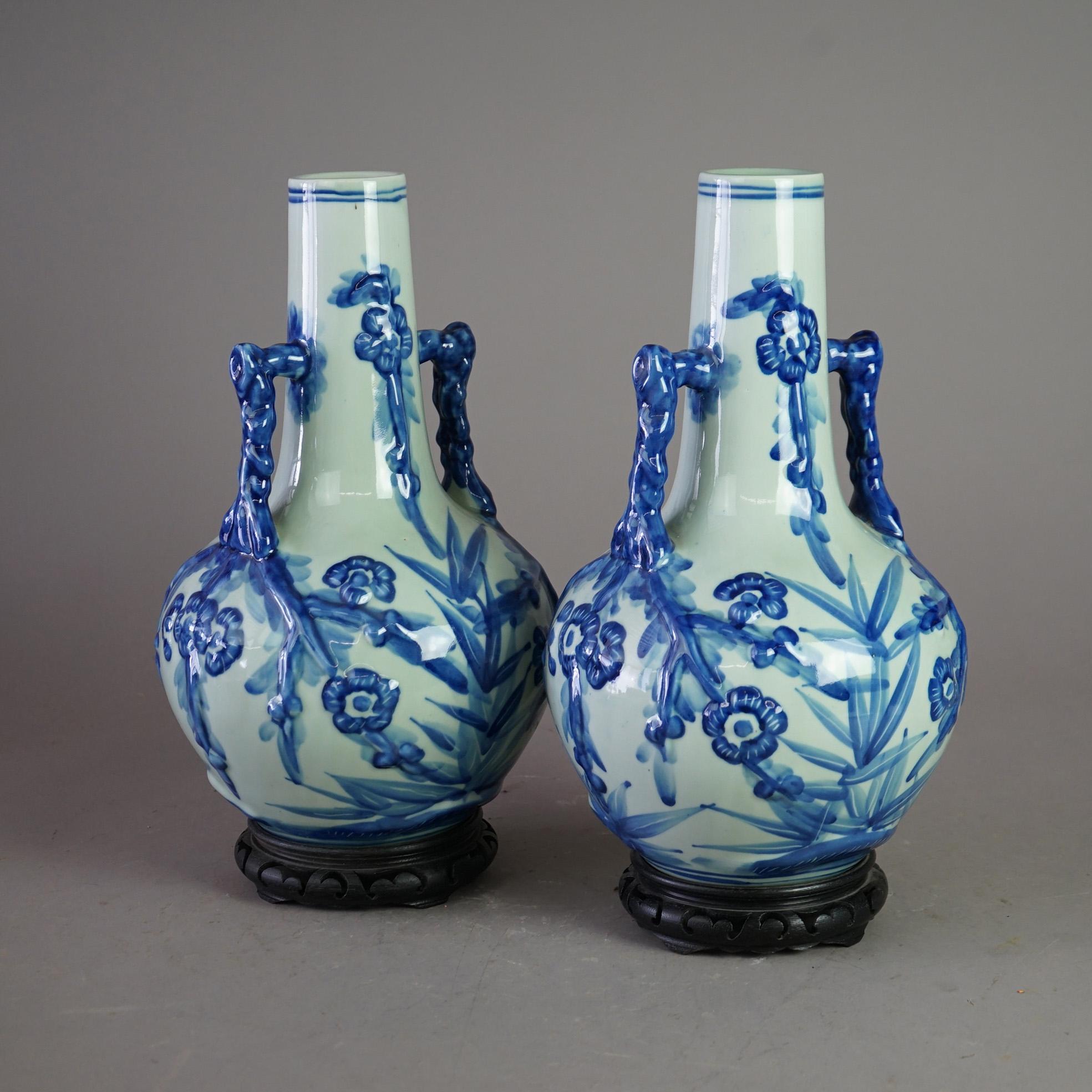 20th Century Pair Chinese Canton Style Porcelain Blue Glazed Bottle Vases 20th C For Sale