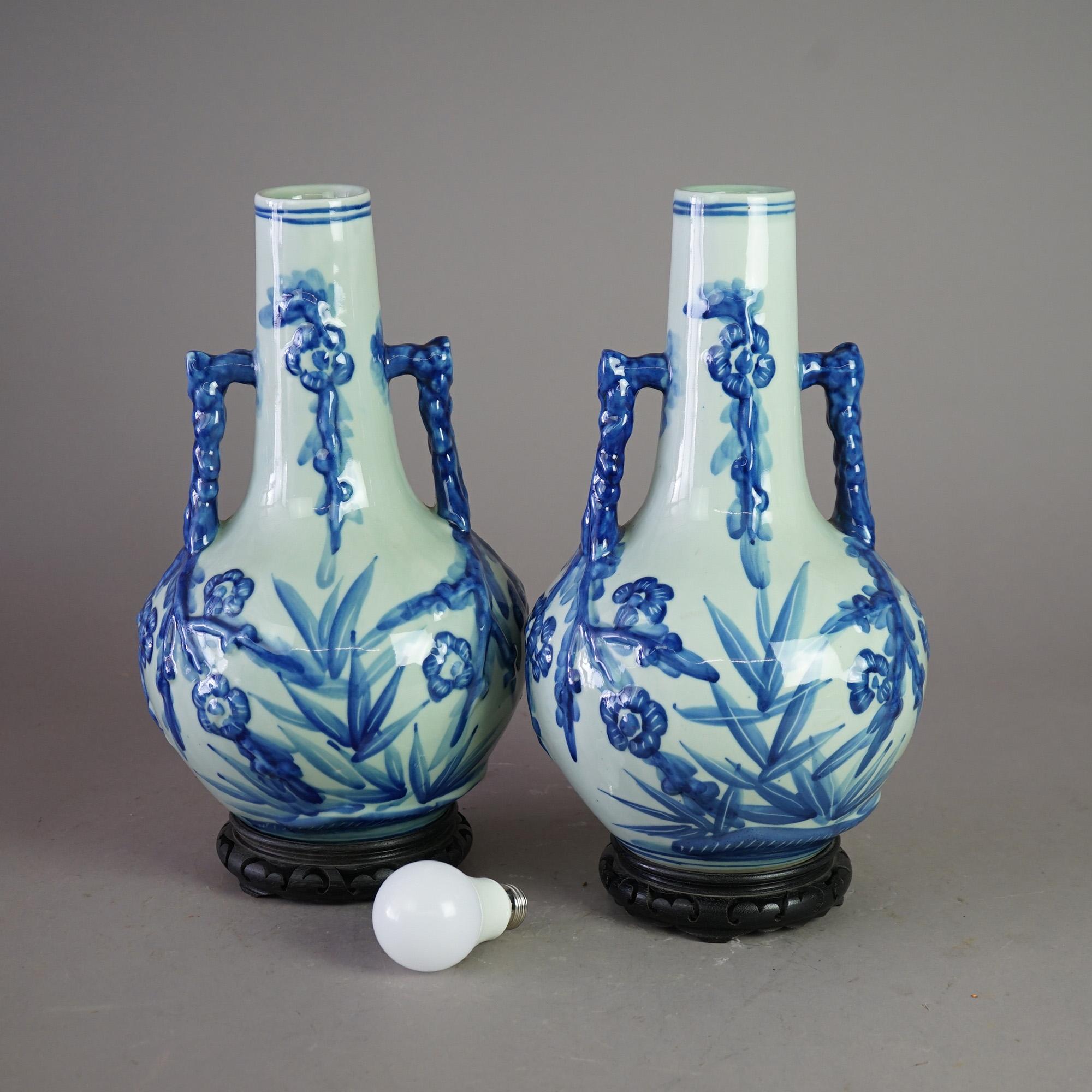 Pair Chinese Canton Style Porcelain Blue Glazed Bottle Vases 20th C For Sale 1