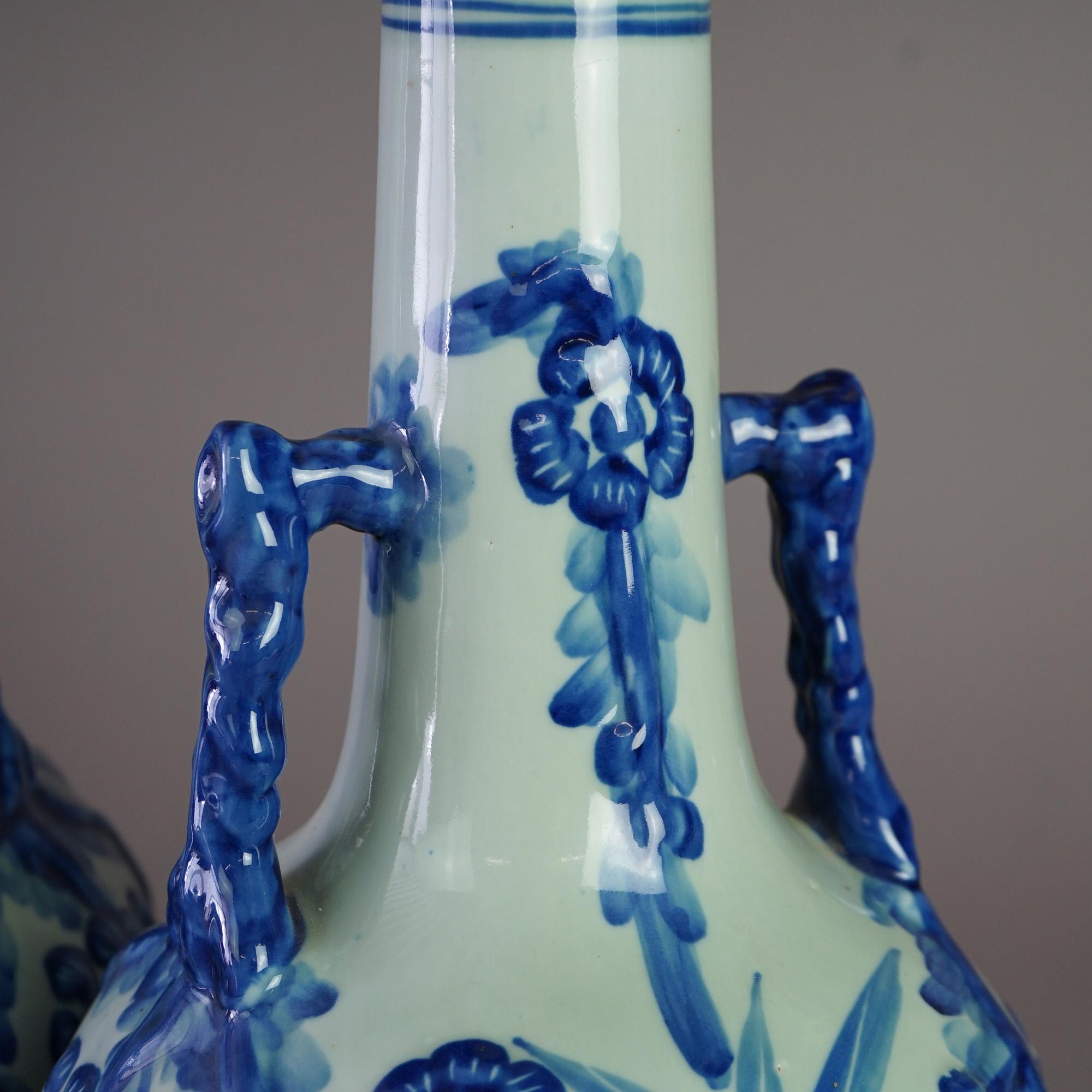 Pair Chinese Canton Style Porcelain Blue Glazed Bottle Vases 20th C For Sale 4