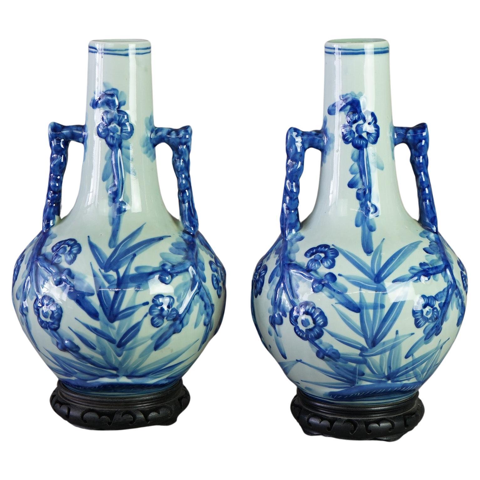Pair Chinese Canton Style Porcelain Blue Glazed Bottle Vases 20th C