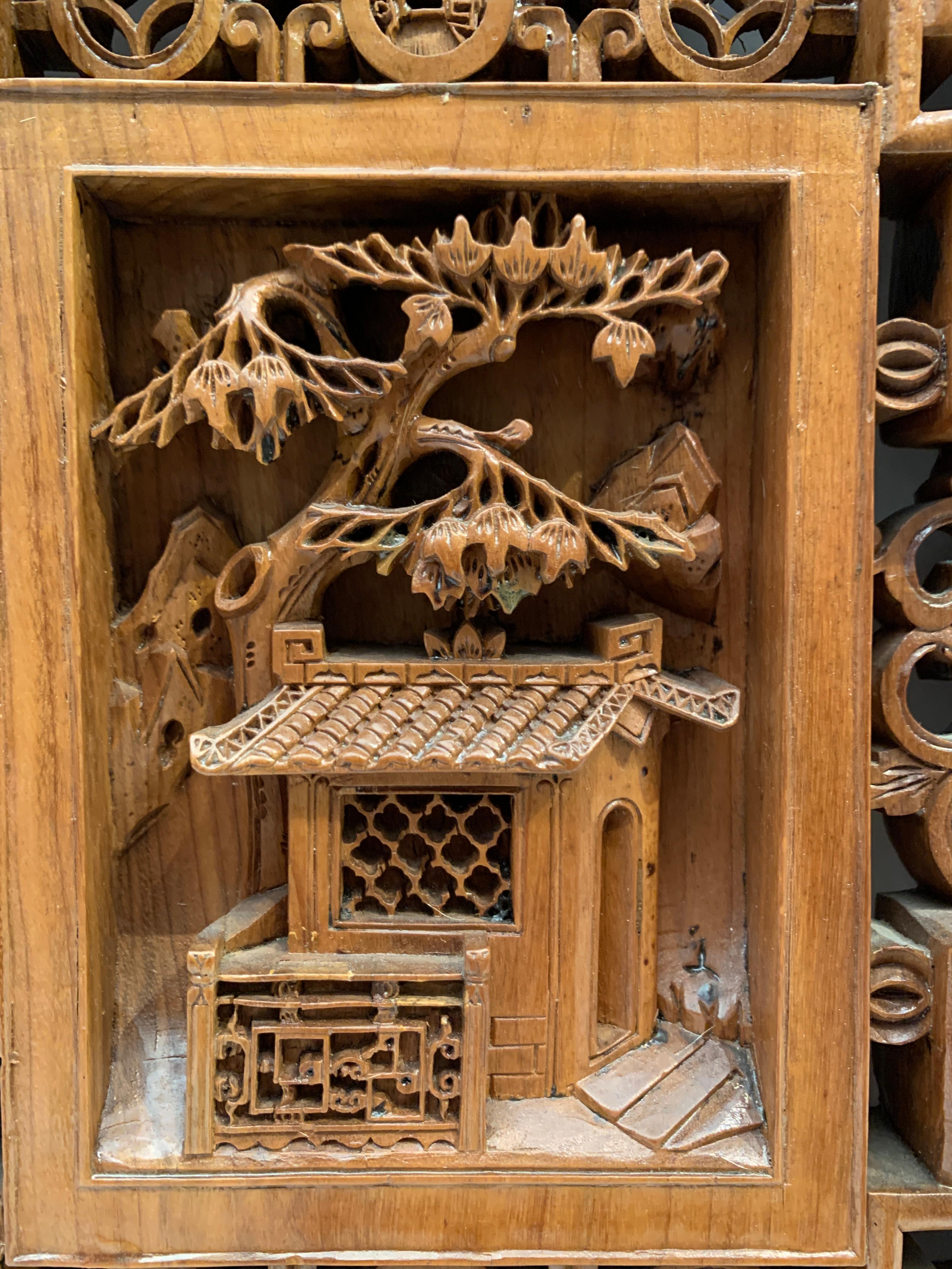 Elm Chinese Carved and Pierced Window Panels, Qing Dynasty, Early 20th Century, Pair