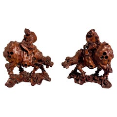 Pair Chinese Burl Hardwood Sculptures of Boys on Buffalo, Qing Dynasty