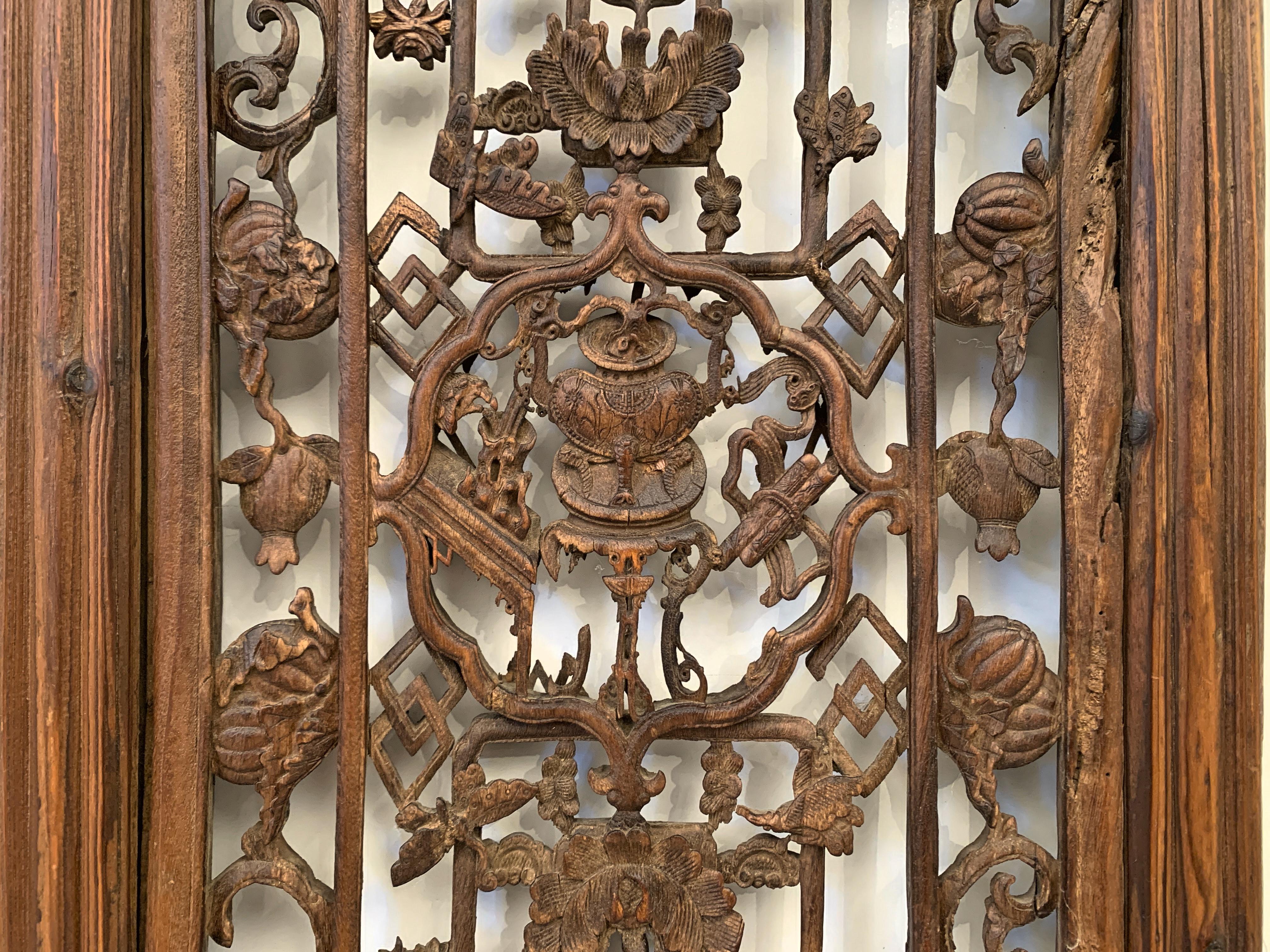 Pair Chinese Carved Hanging Window Panels, Qing Dynasty, 18th Century, China In Fair Condition In Austin, TX