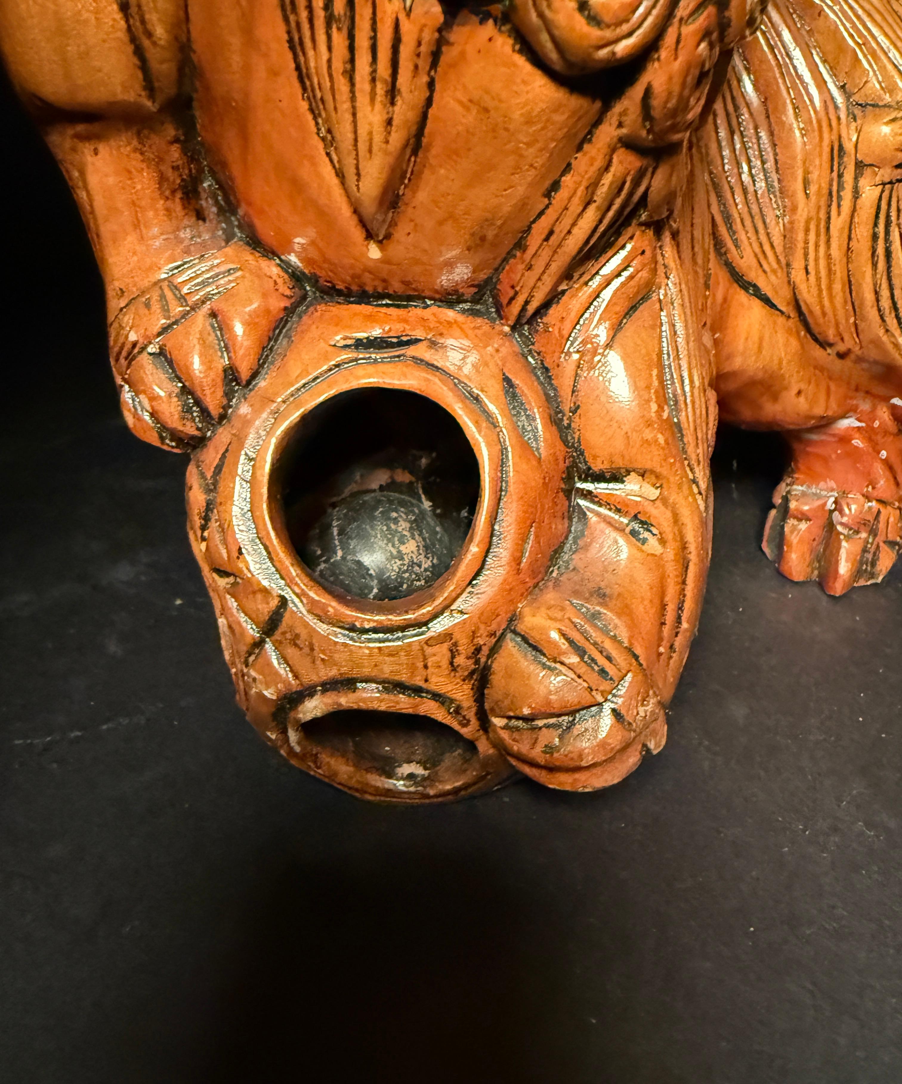 Pair Chinese Carved Hardwood Foo dogs with Rolling Pearls & Puzzle Balls For Sale 2