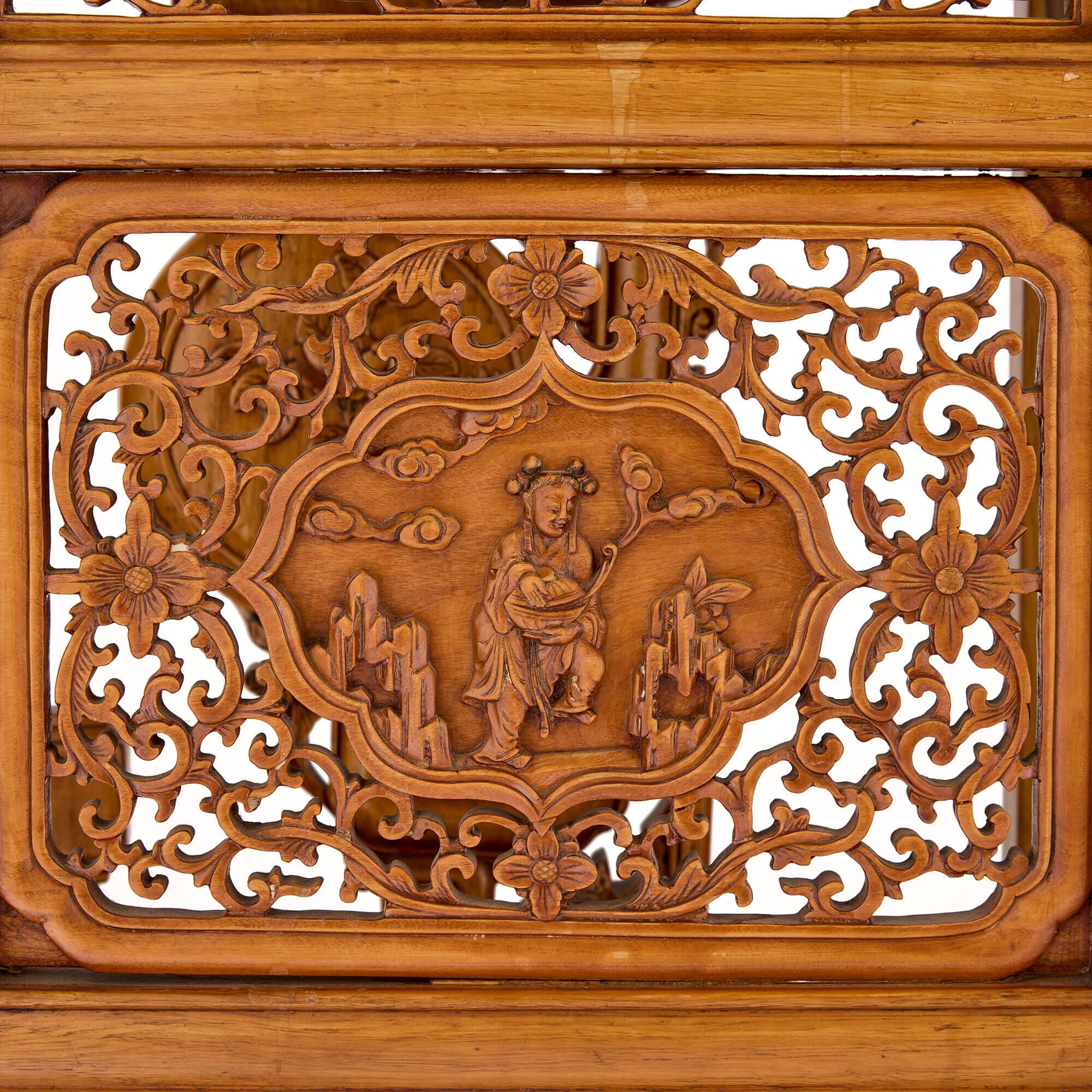 Pair Chinese Carved Hardwood Metal Pedestals Stands Tables For Sale 4