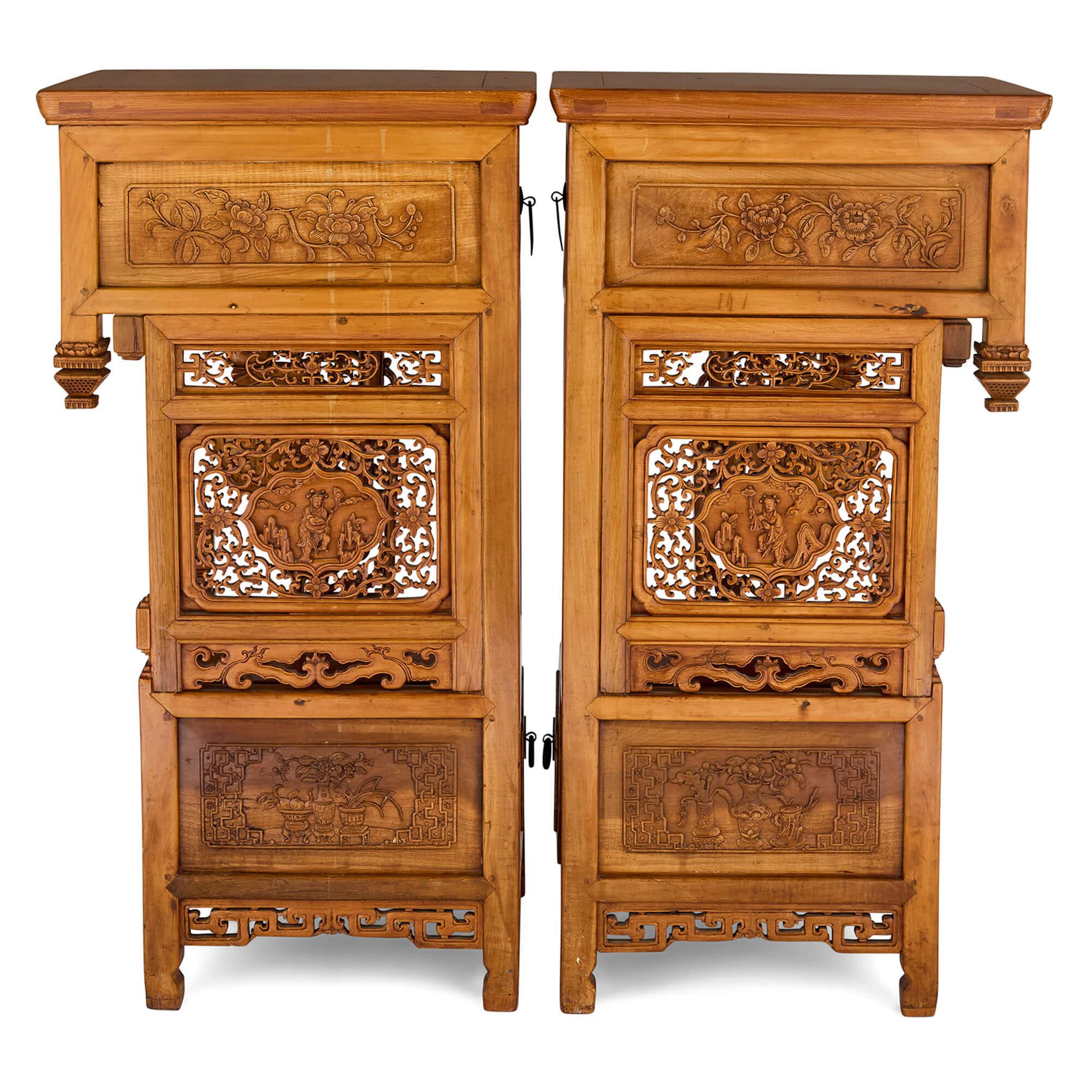 Chinese Export Pair Chinese Carved Hardwood Metal Pedestals Stands Tables For Sale