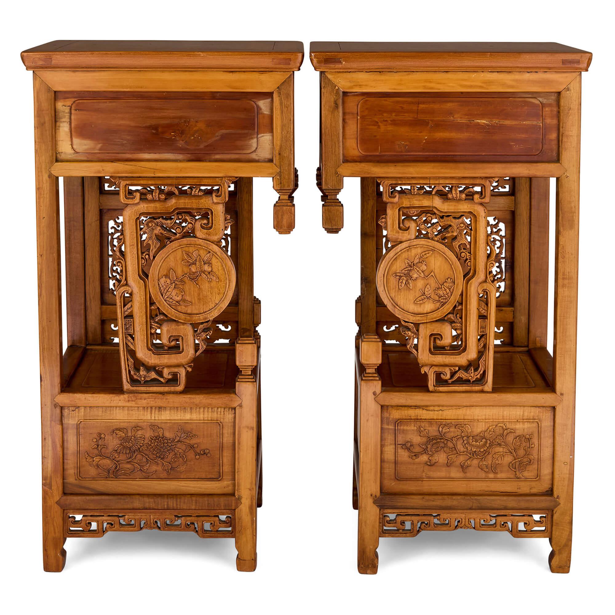 Pair Chinese Carved Hardwood Metal Pedestals Stands Tables In Good Condition For Sale In London, GB