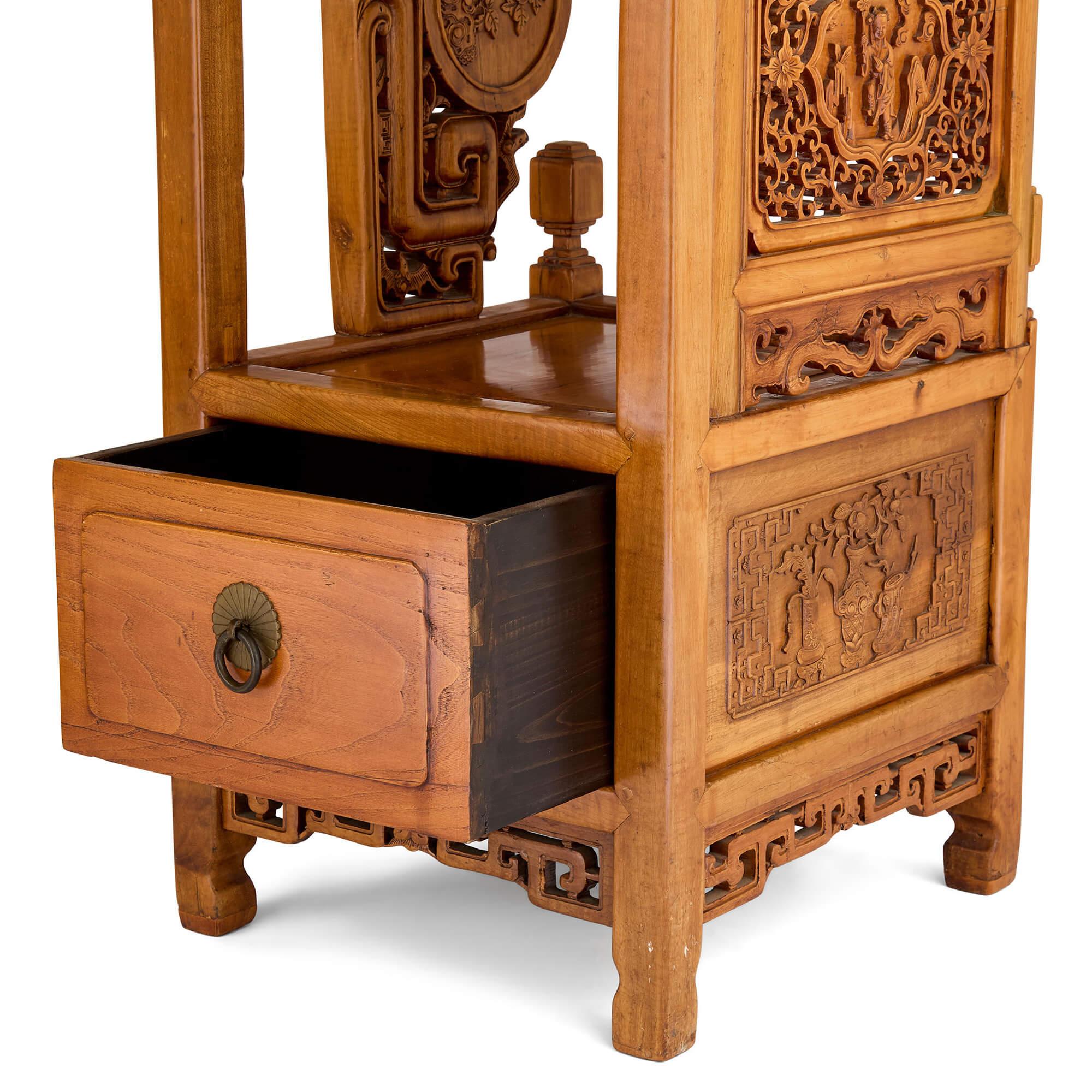 Pair Chinese Carved Hardwood Metal Pedestals Stands Tables For Sale 1
