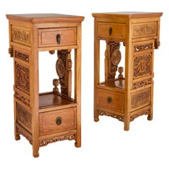 Pair Chinese Carved Hardwood Metal Pedestals Stands Tables