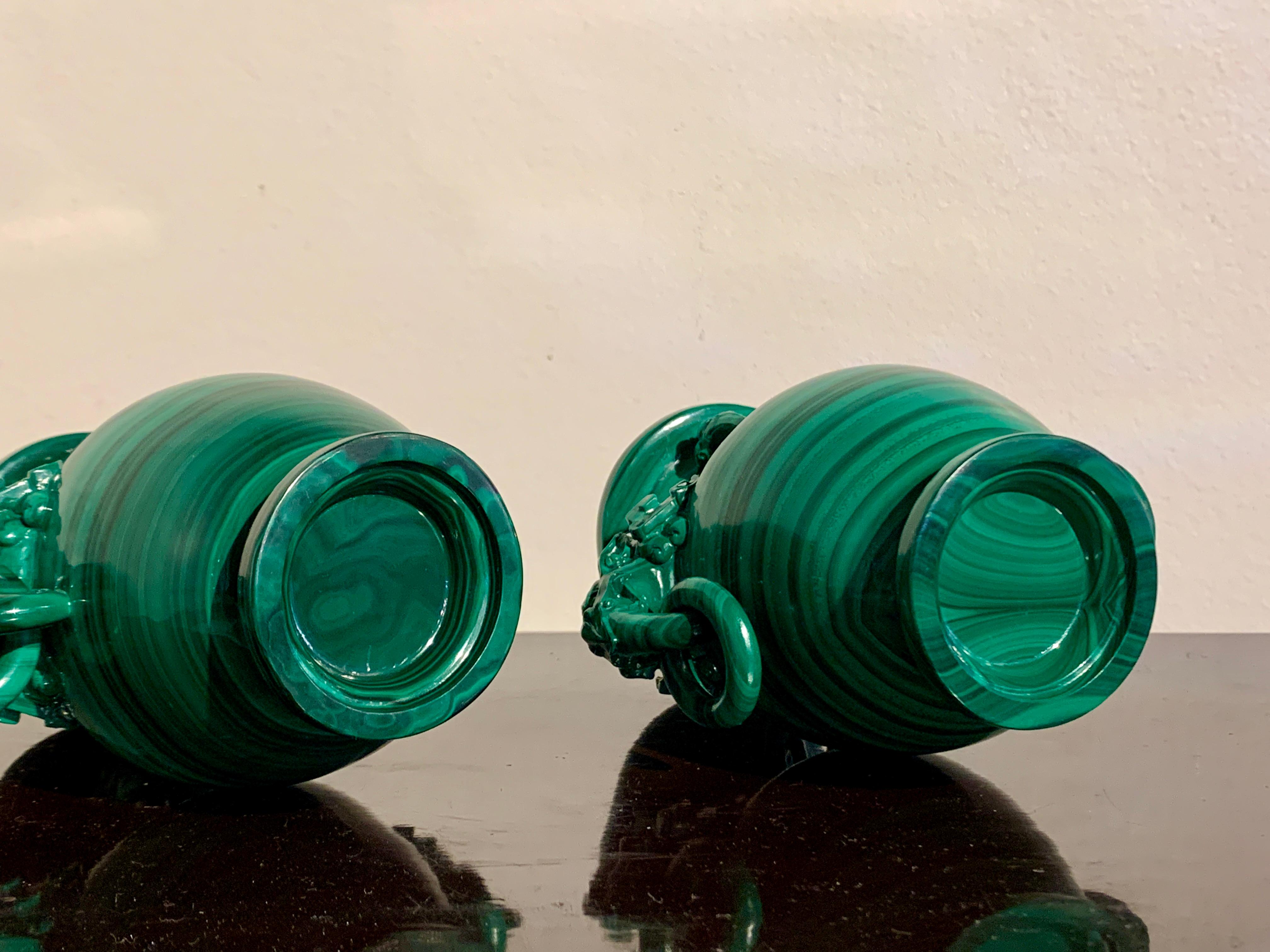 Pair Chinese Carved Malachite Vases with Loose Ring Handles, Republic Period 5