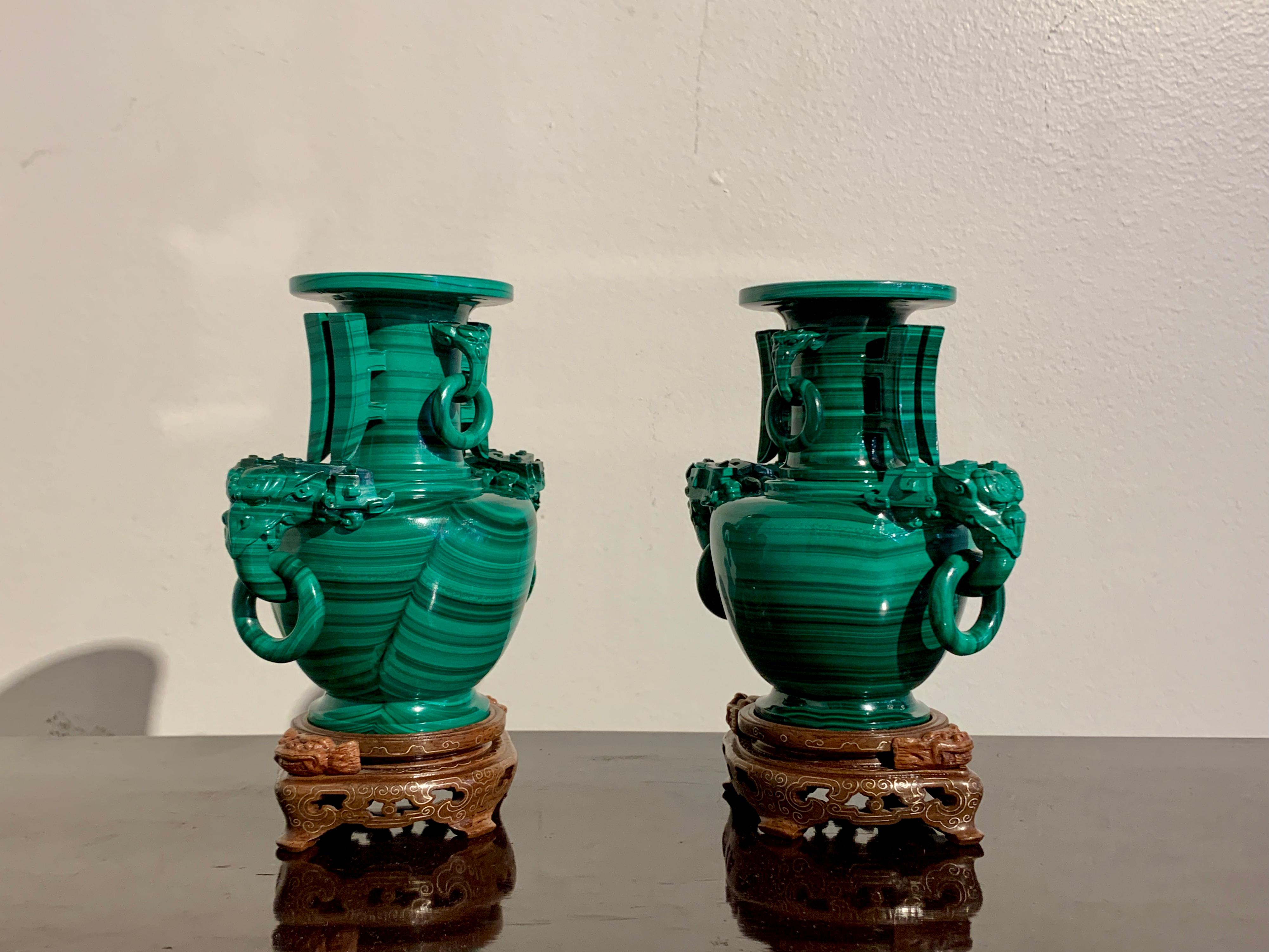 Qing Pair Chinese Carved Malachite Vases with Loose Ring Handles, Republic Period