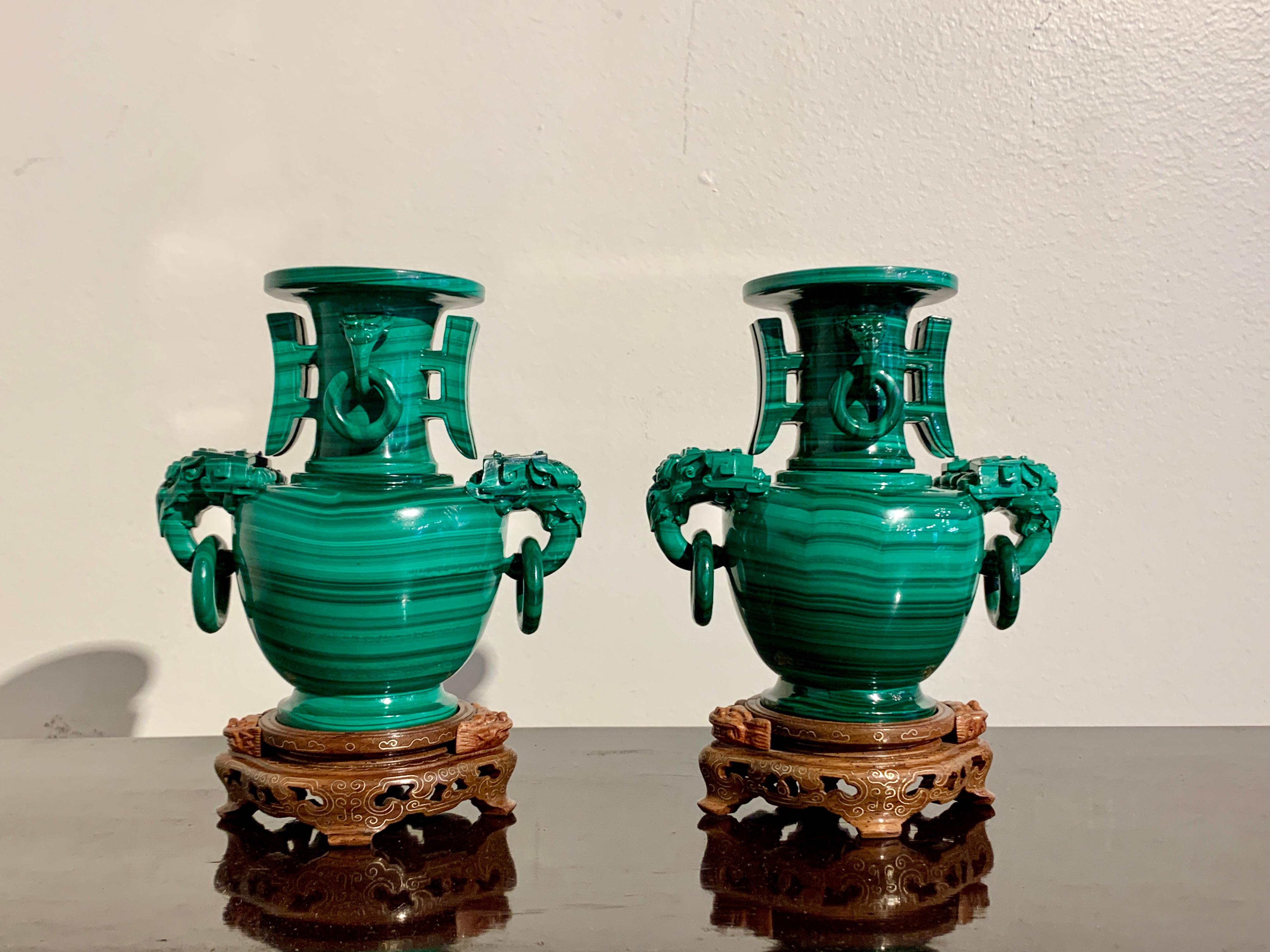 Pair Chinese Carved Malachite Vases with Loose Ring Handles, Republic Period In Good Condition In Austin, TX