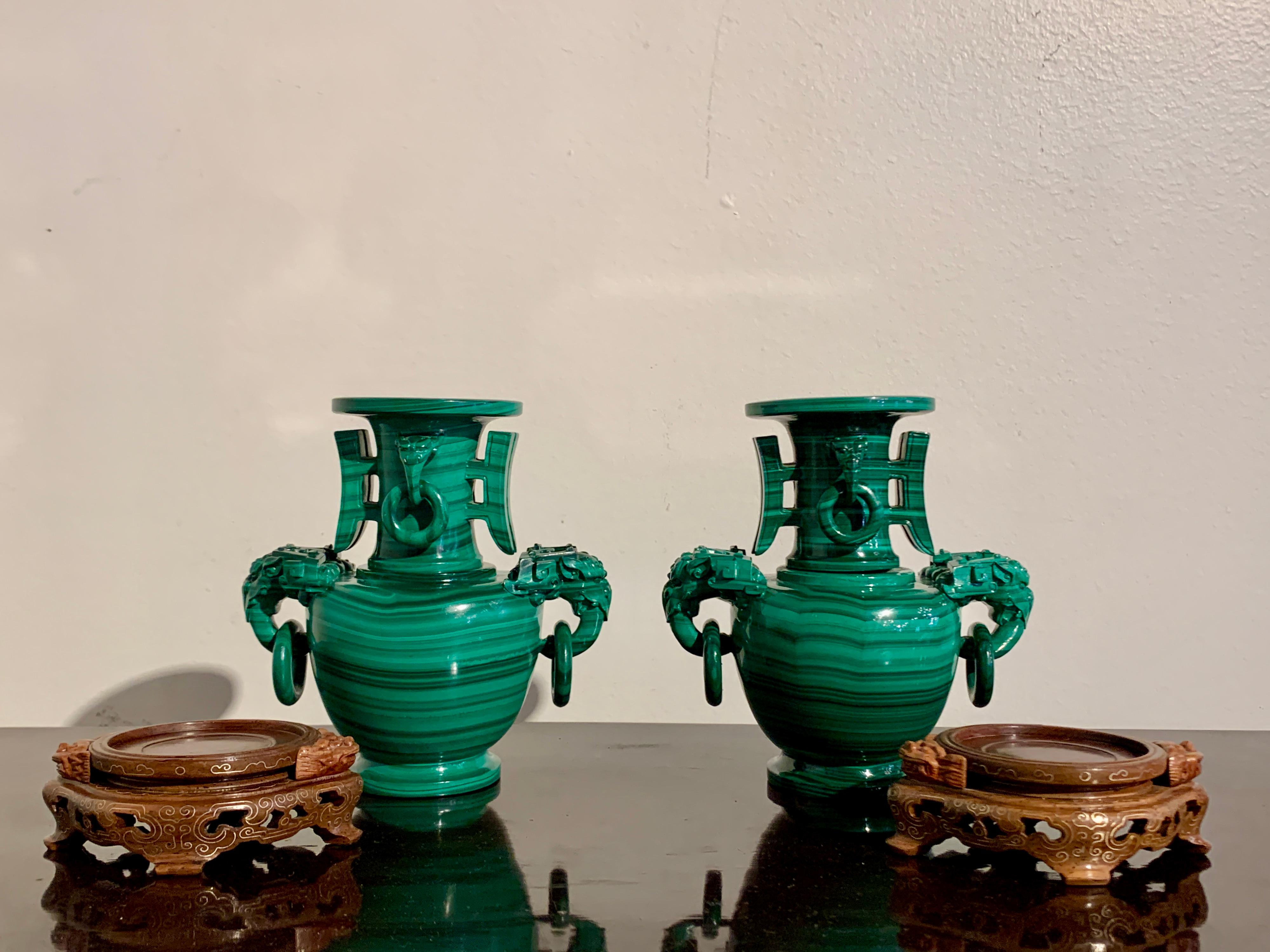 20th Century Pair Chinese Carved Malachite Vases with Loose Ring Handles, Republic Period