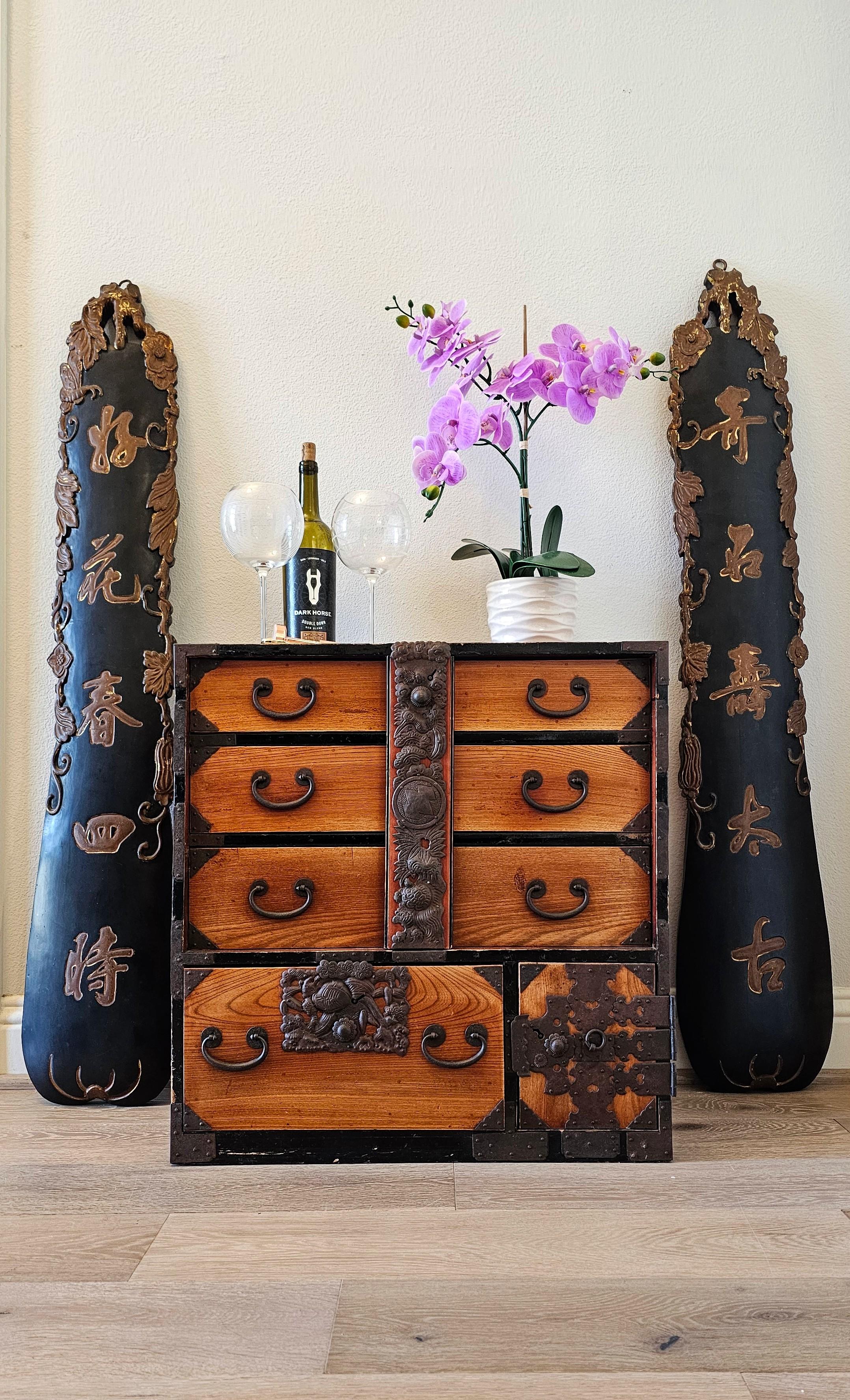 Qing Pair Chinese Carved Painted Wood Sign Wall Hanging Panel Calligraphy Characters
