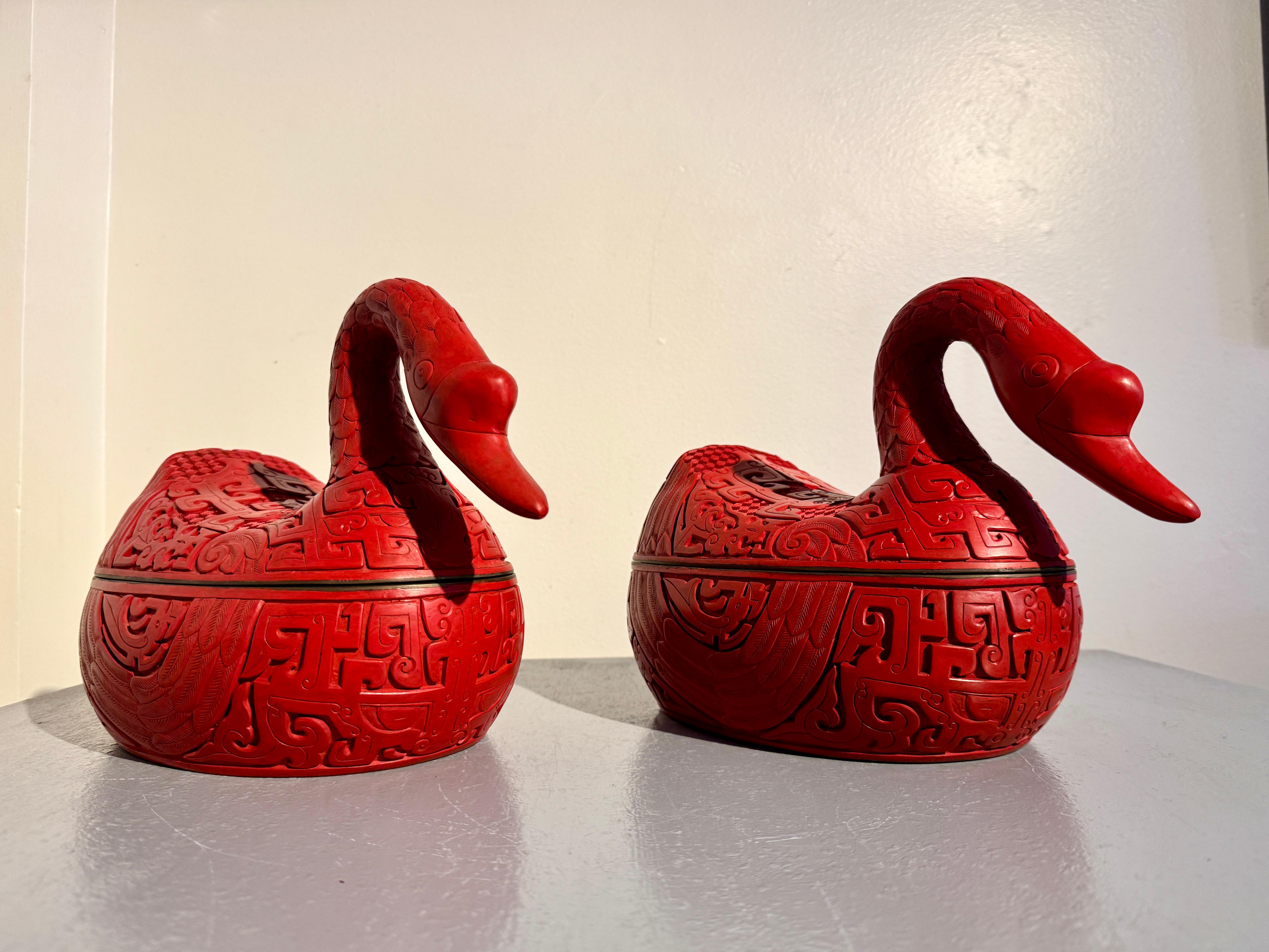 Pair Chinese Carved Red Lacquer Duck Form Boxes, Mid 20th Century, China 5