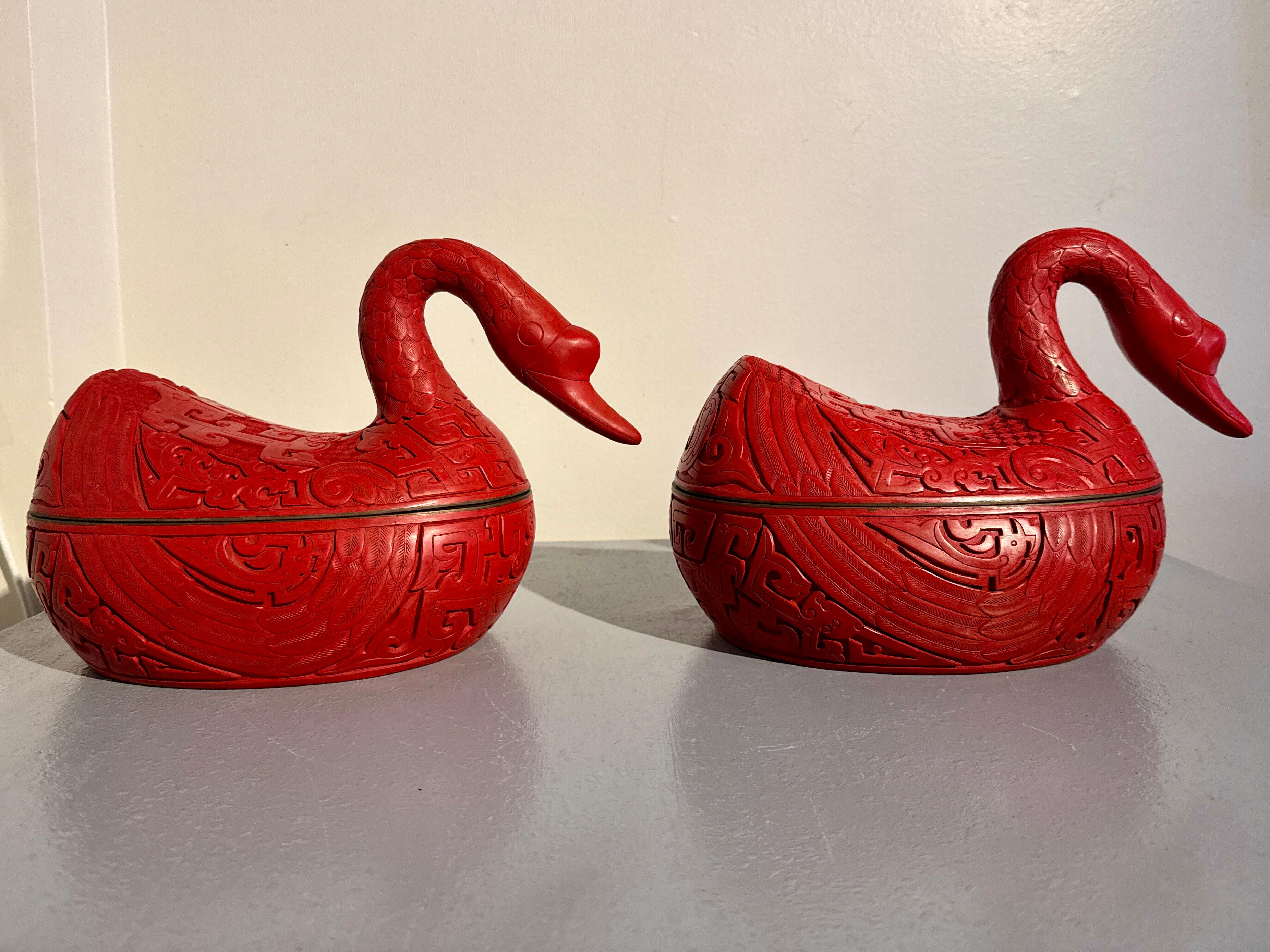 Pair Chinese Carved Red Lacquer Duck Form Boxes, Mid 20th Century, China 6