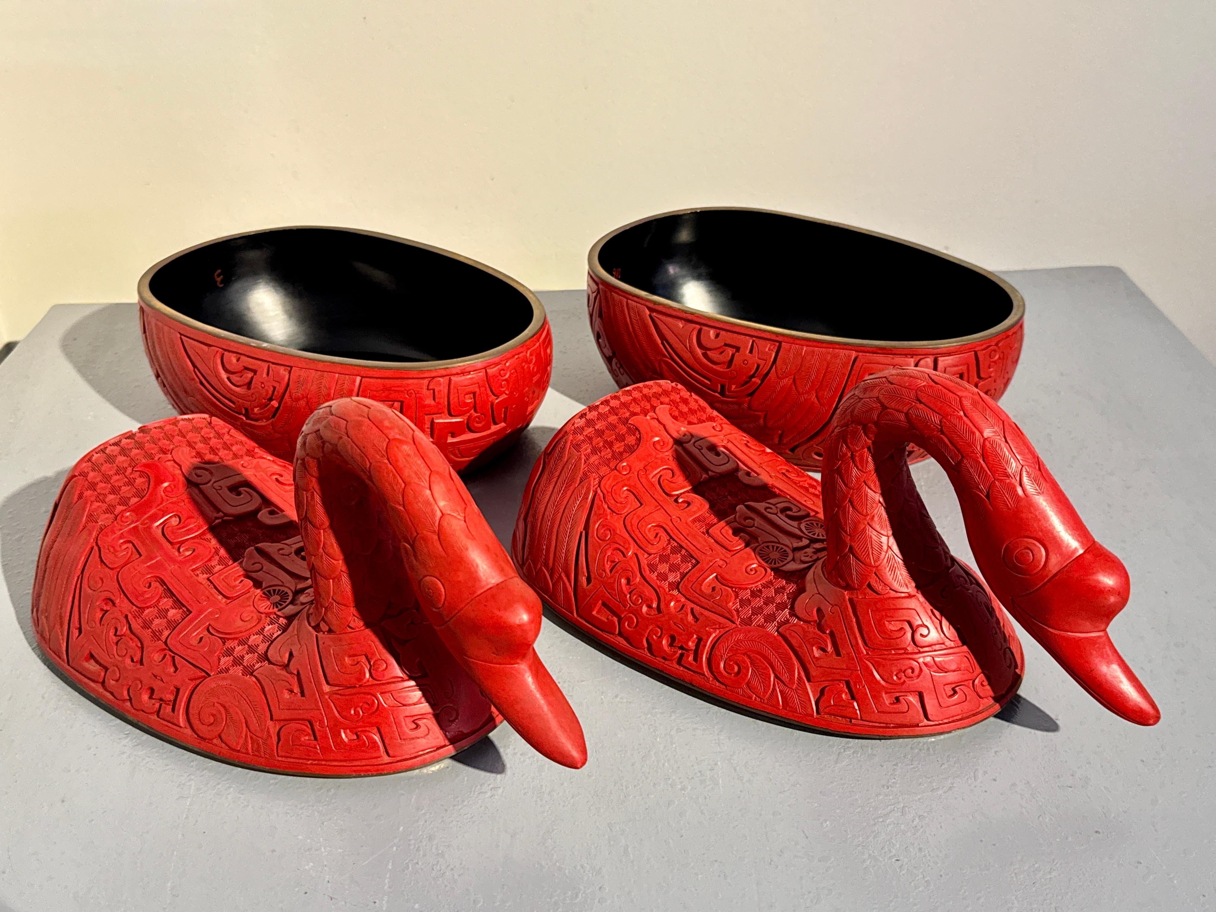 Pair Chinese Carved Red Lacquer Duck Form Boxes, Mid 20th Century, China 8