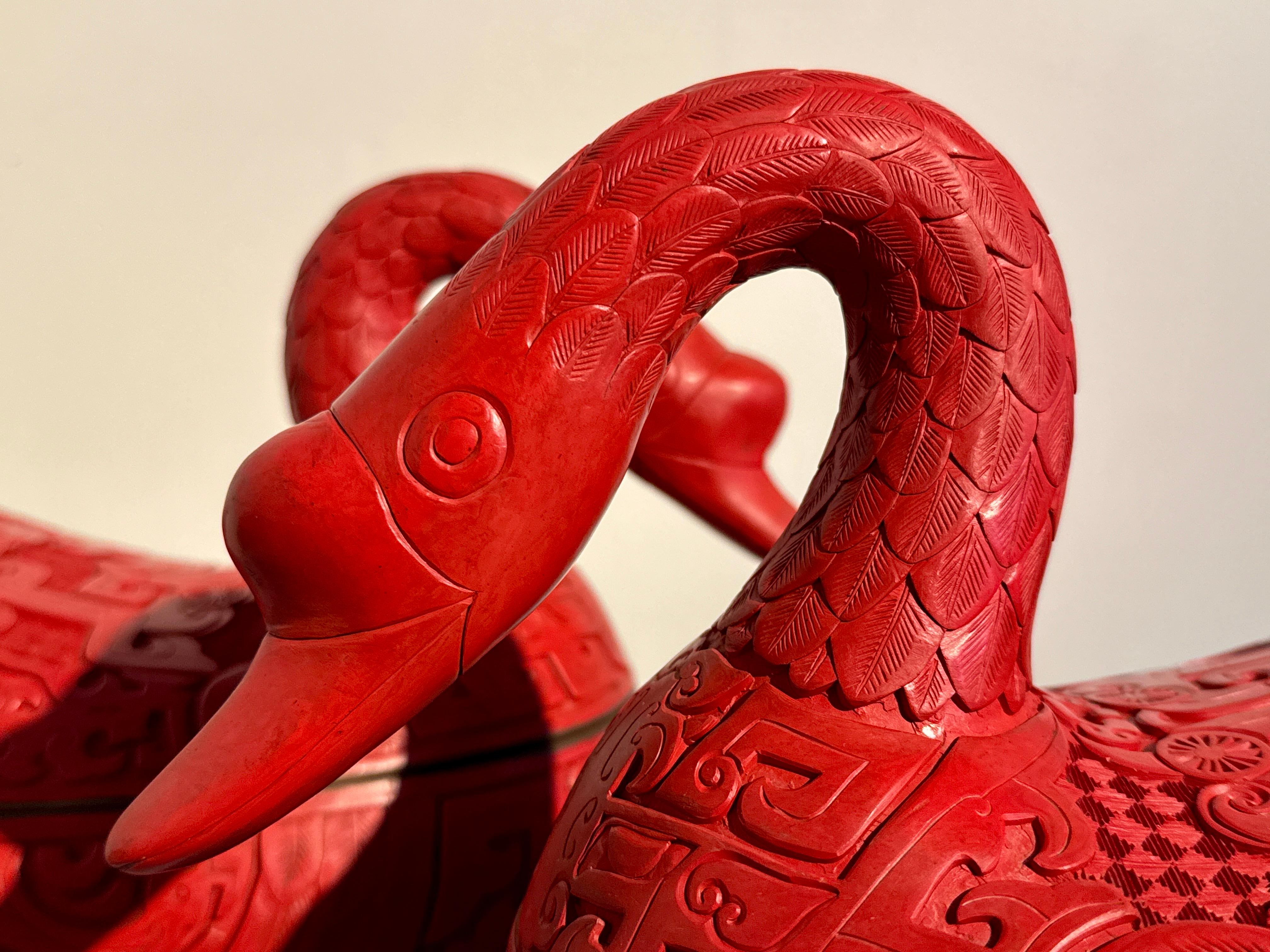 Pair Chinese Carved Red Lacquer Duck Form Boxes, Mid 20th Century, China 9