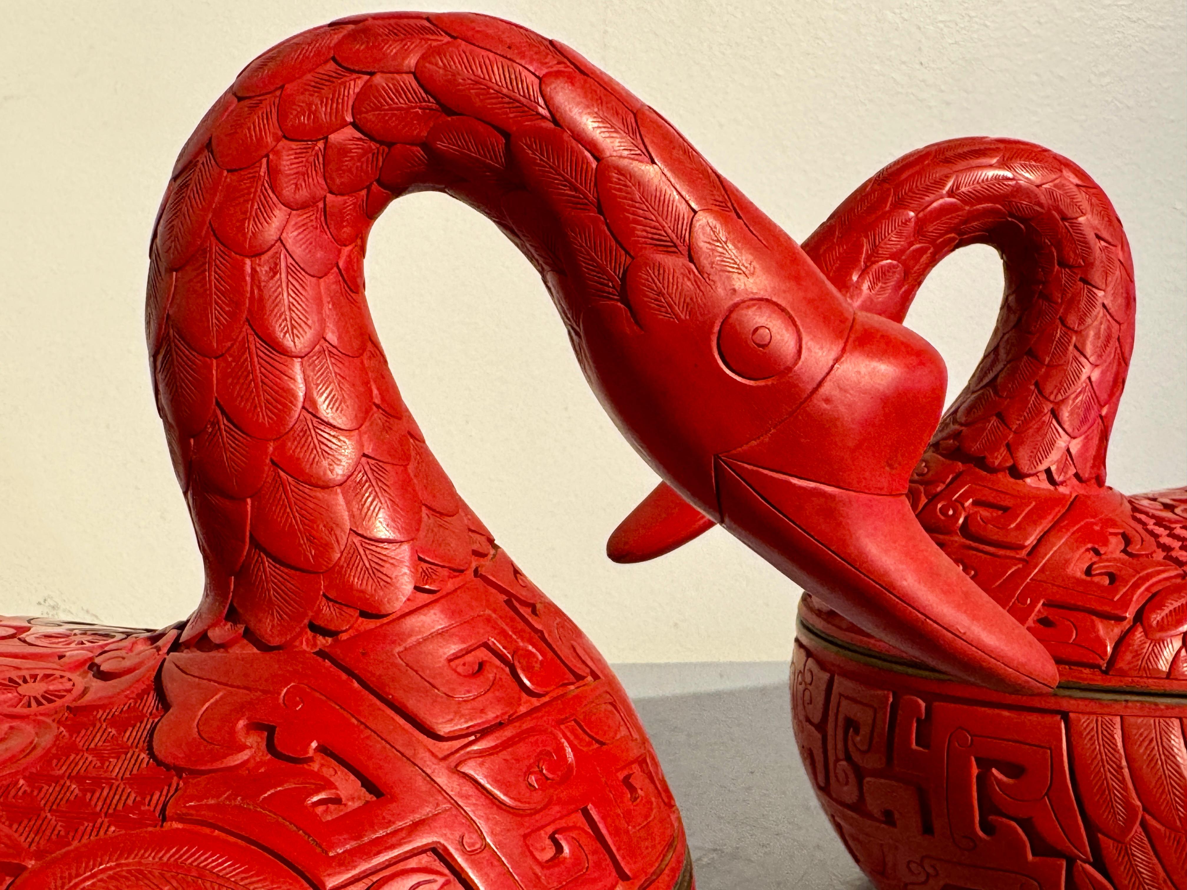 Pair Chinese Carved Red Lacquer Duck Form Boxes, Mid 20th Century, China 11
