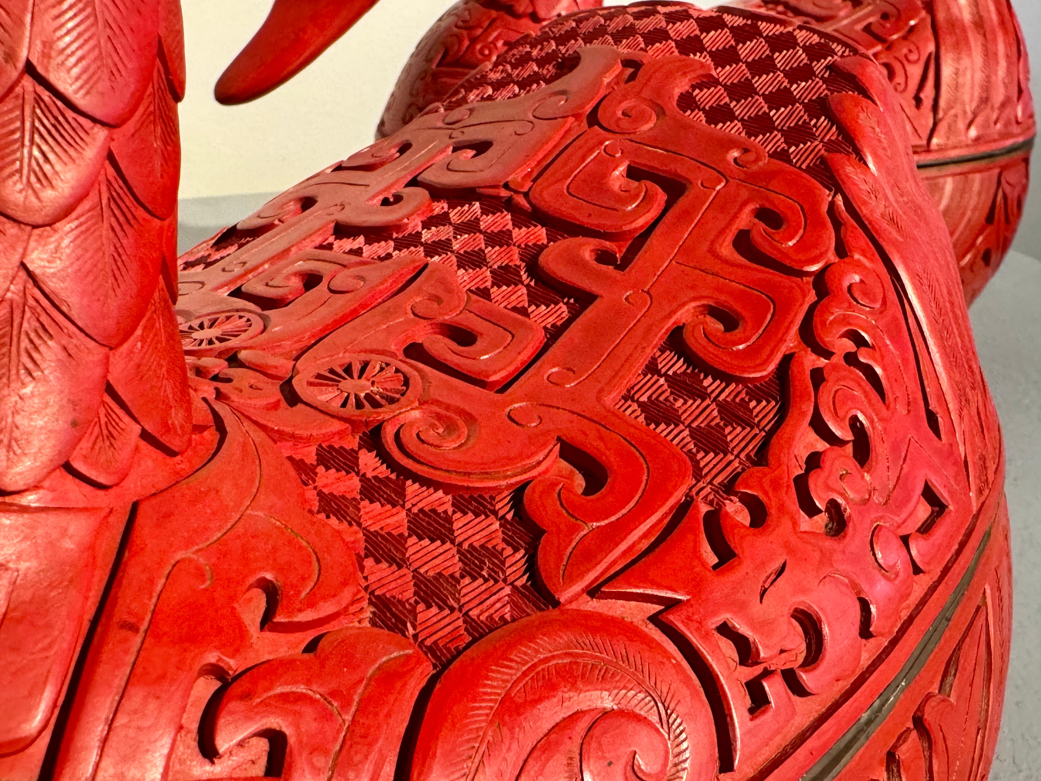 Pair Chinese Carved Red Lacquer Duck Form Boxes, Mid 20th Century, China 12