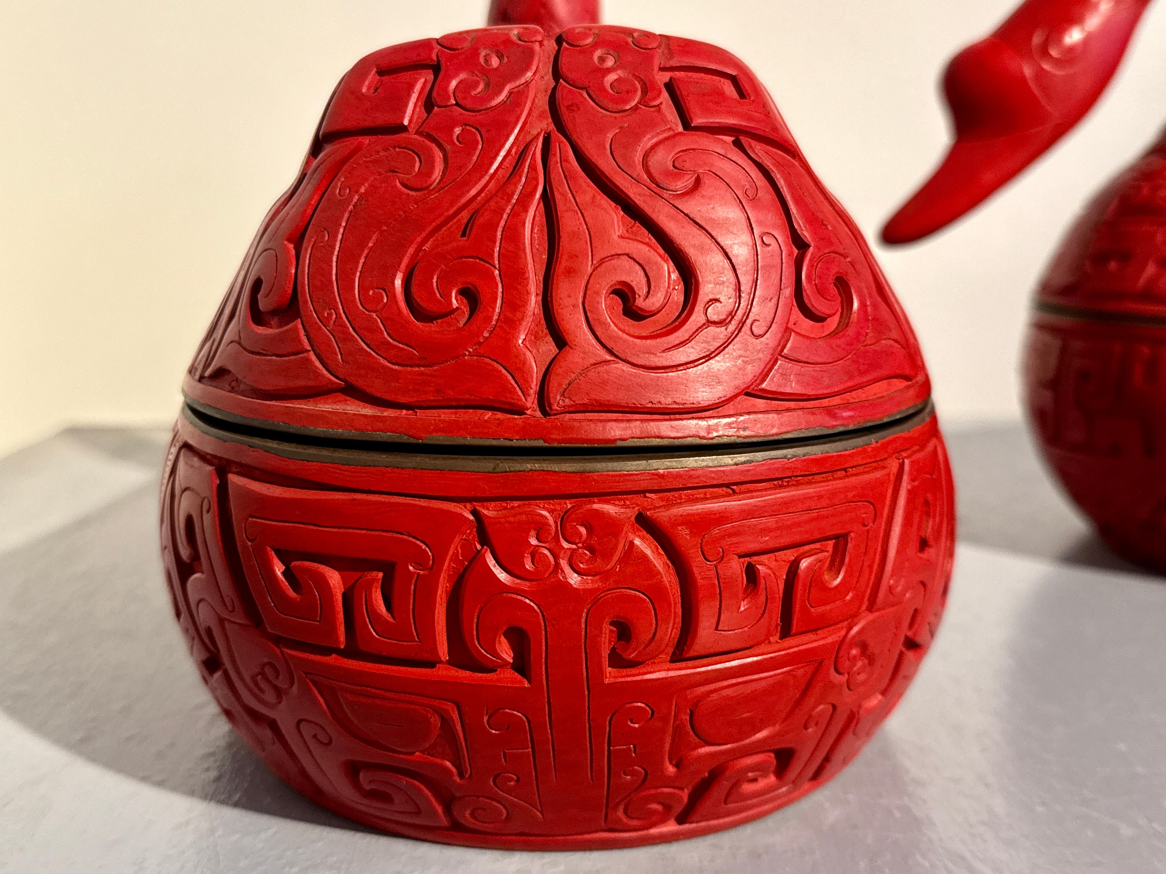 Pair Chinese Carved Red Lacquer Duck Form Boxes, Mid 20th Century, China 13