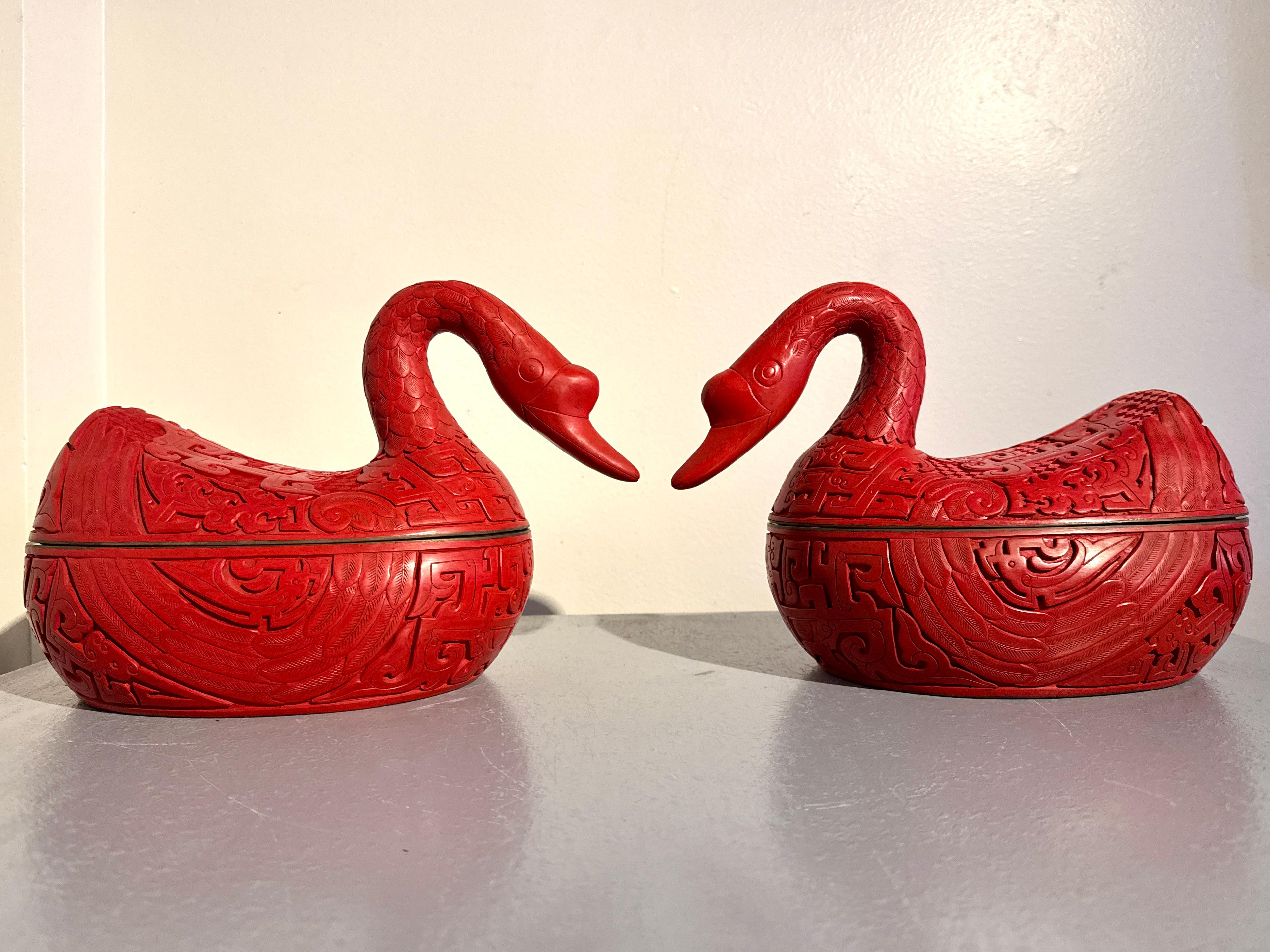 Pair Chinese Carved Red Lacquer Duck Form Boxes, Mid 20th Century, China In Good Condition In Austin, TX