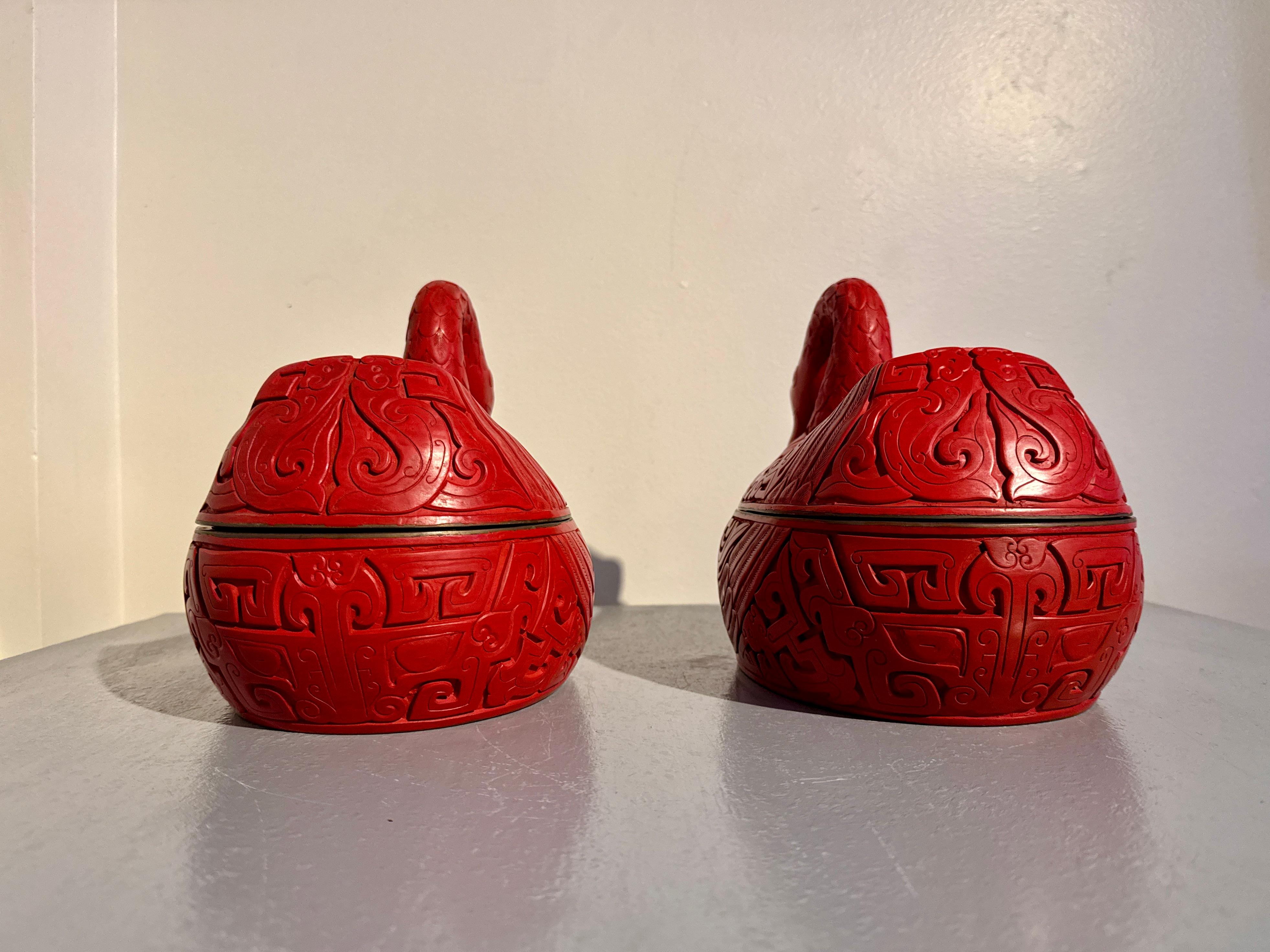 Brass Pair Chinese Carved Red Lacquer Duck Form Boxes, Mid 20th Century, China
