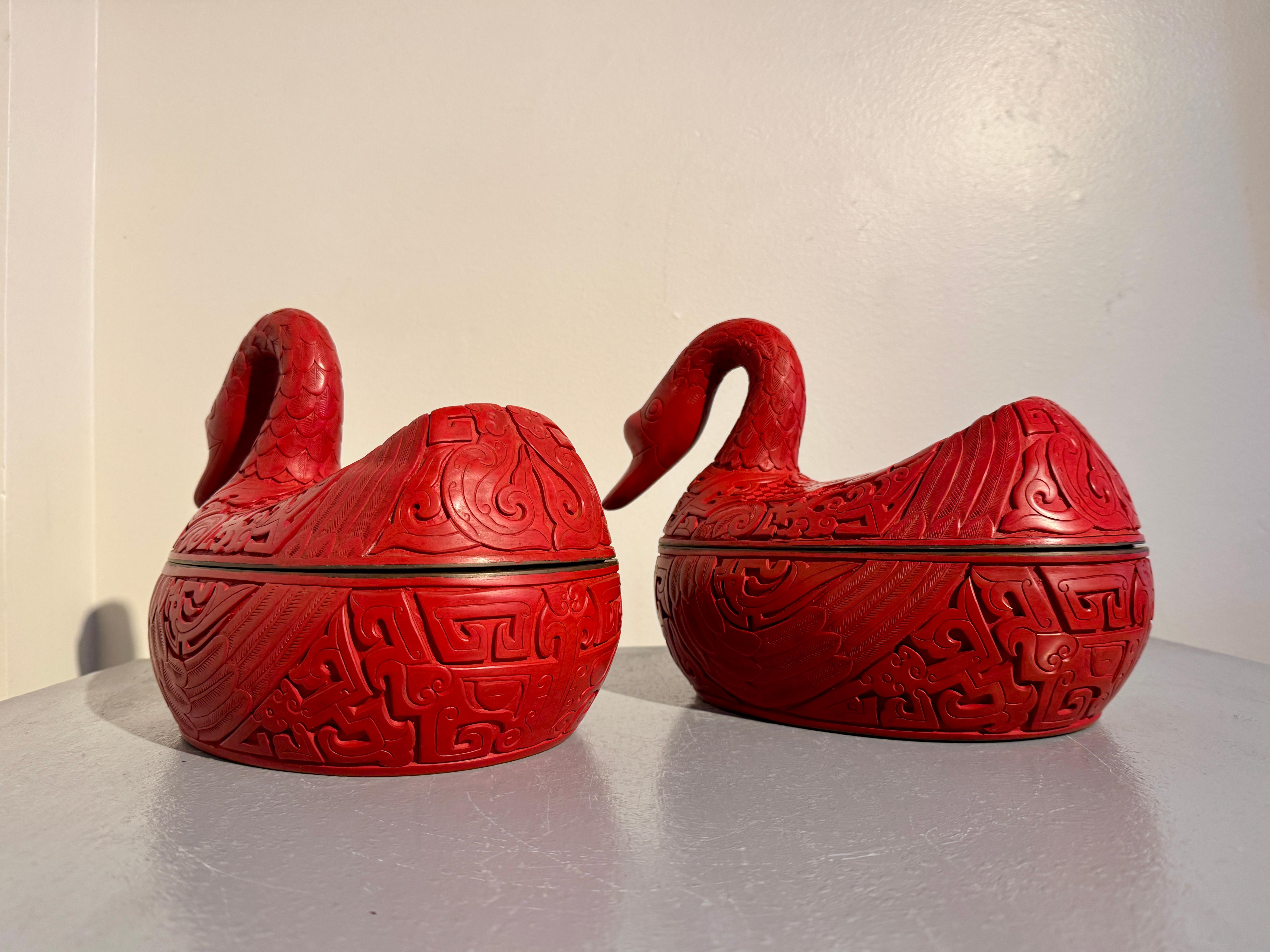 Pair Chinese Carved Red Lacquer Duck Form Boxes, Mid 20th Century, China 1