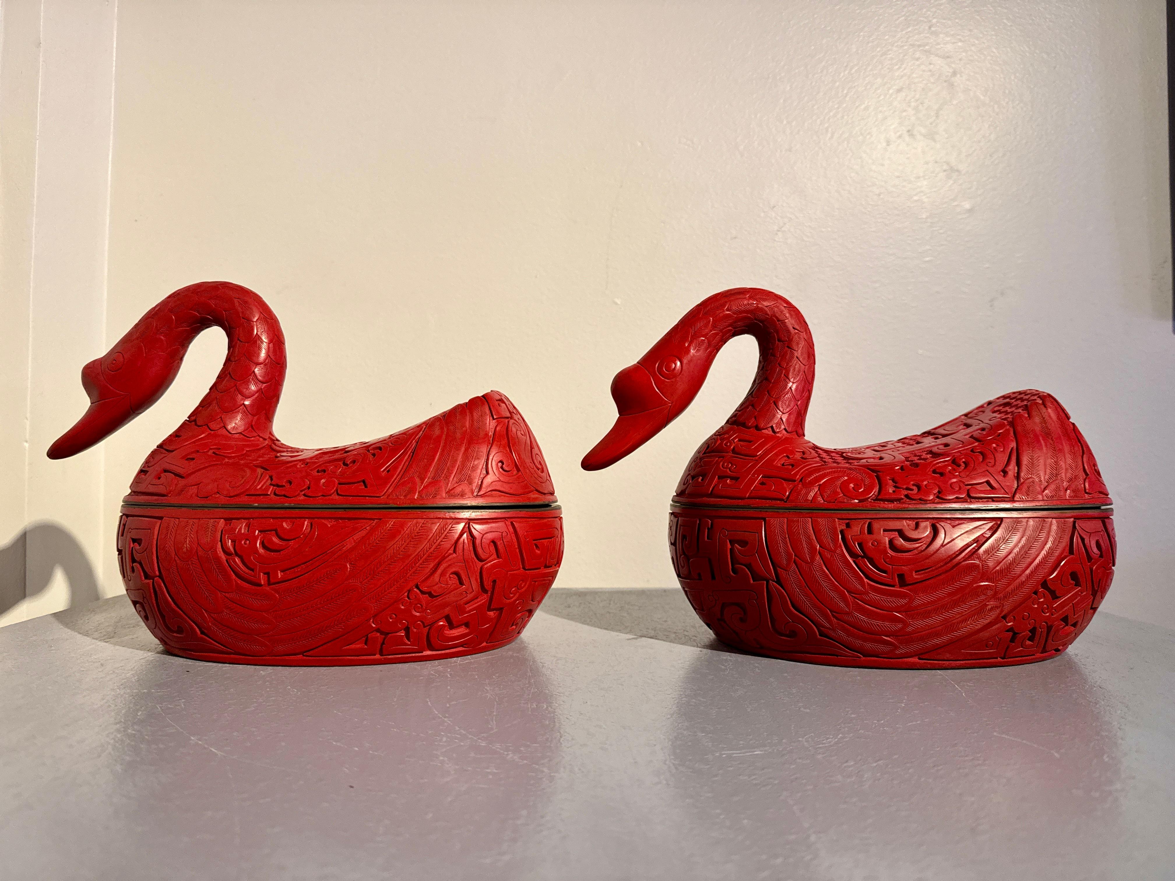 Pair Chinese Carved Red Lacquer Duck Form Boxes, Mid 20th Century, China 2