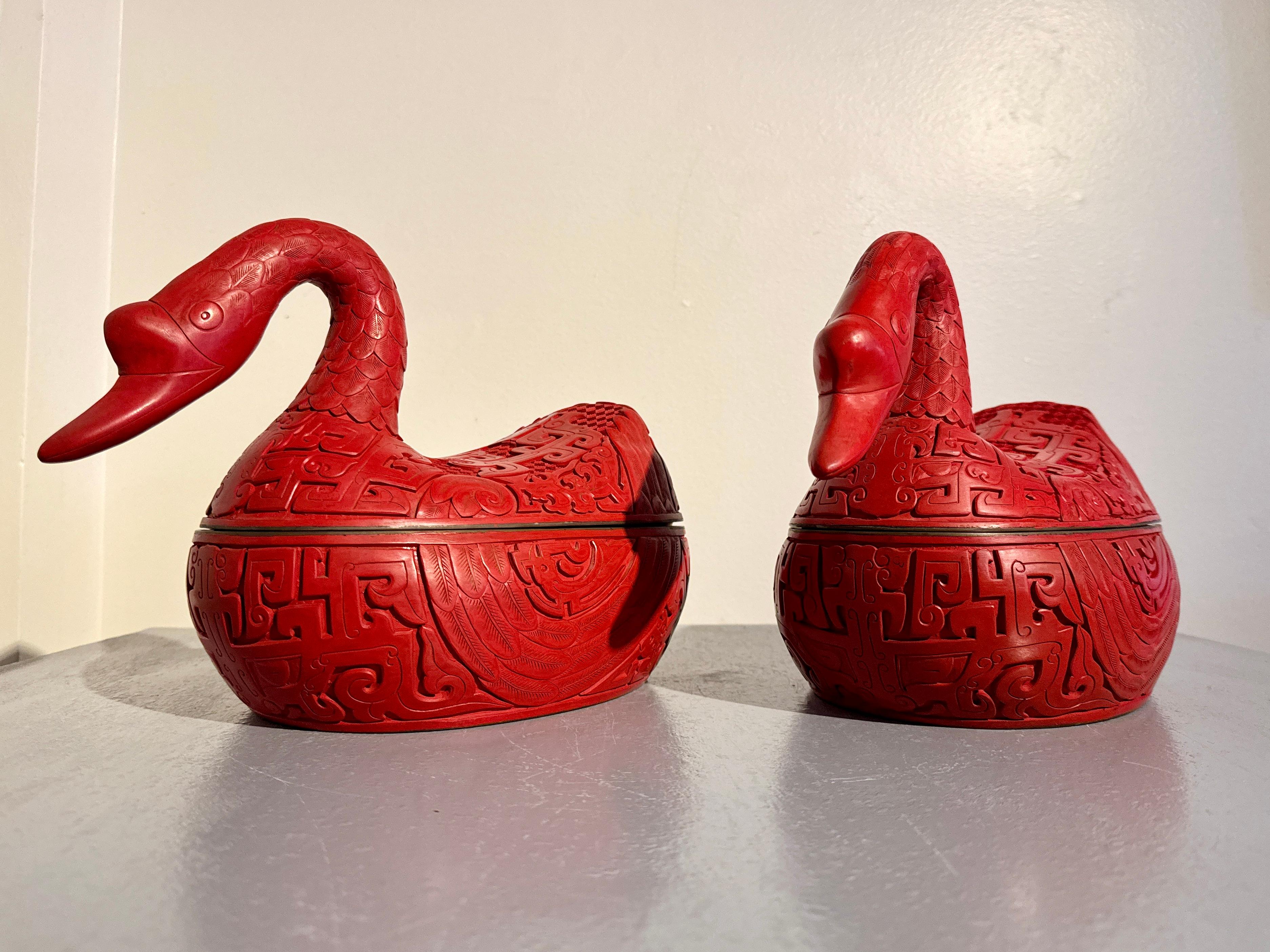 Pair Chinese Carved Red Lacquer Duck Form Boxes, Mid 20th Century, China 3