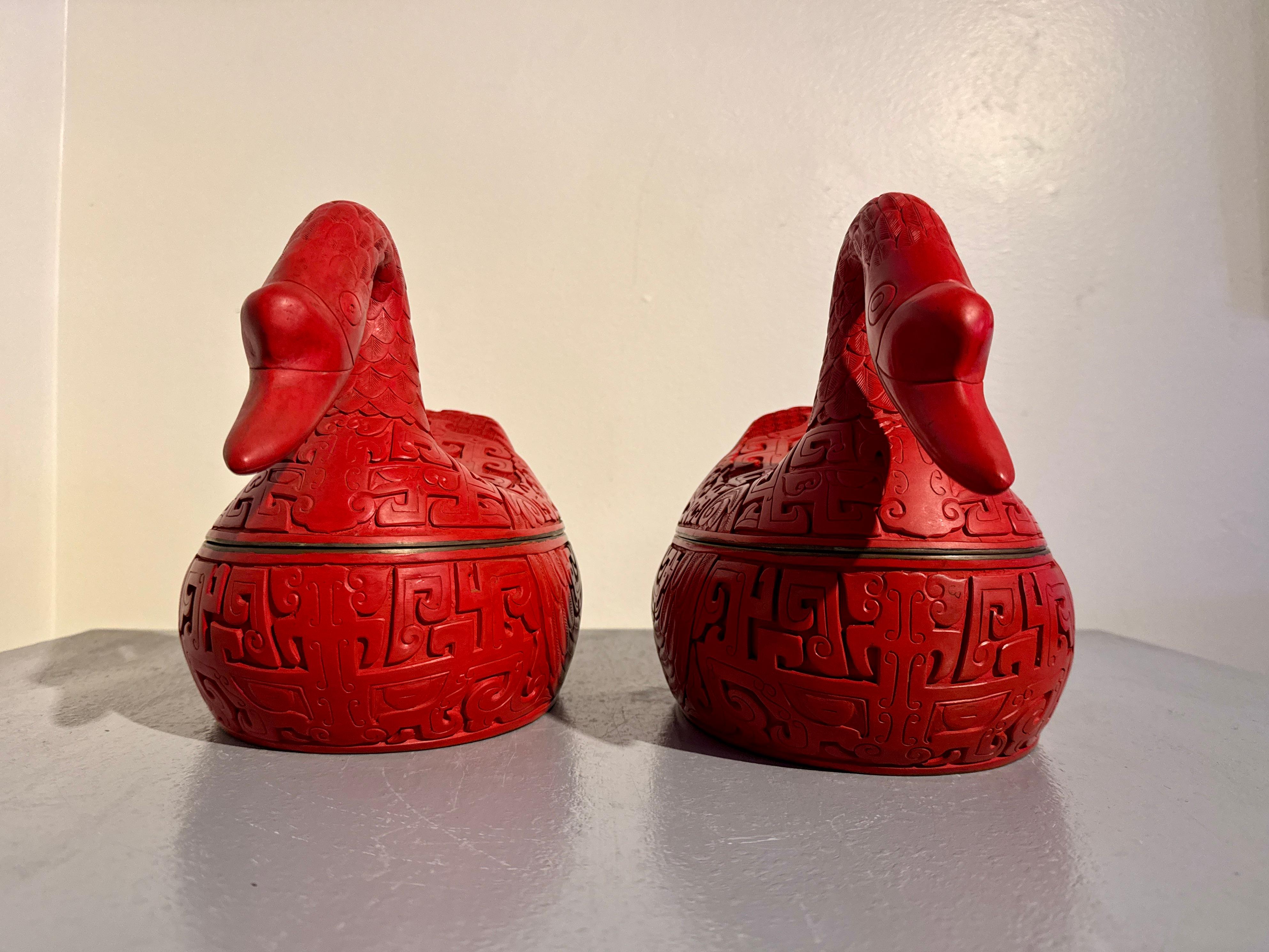 Pair Chinese Carved Red Lacquer Duck Form Boxes, Mid 20th Century, China 4