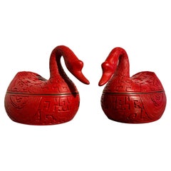 Vintage Pair Chinese Carved Red Lacquer Duck Form Boxes, Mid 20th Century, China