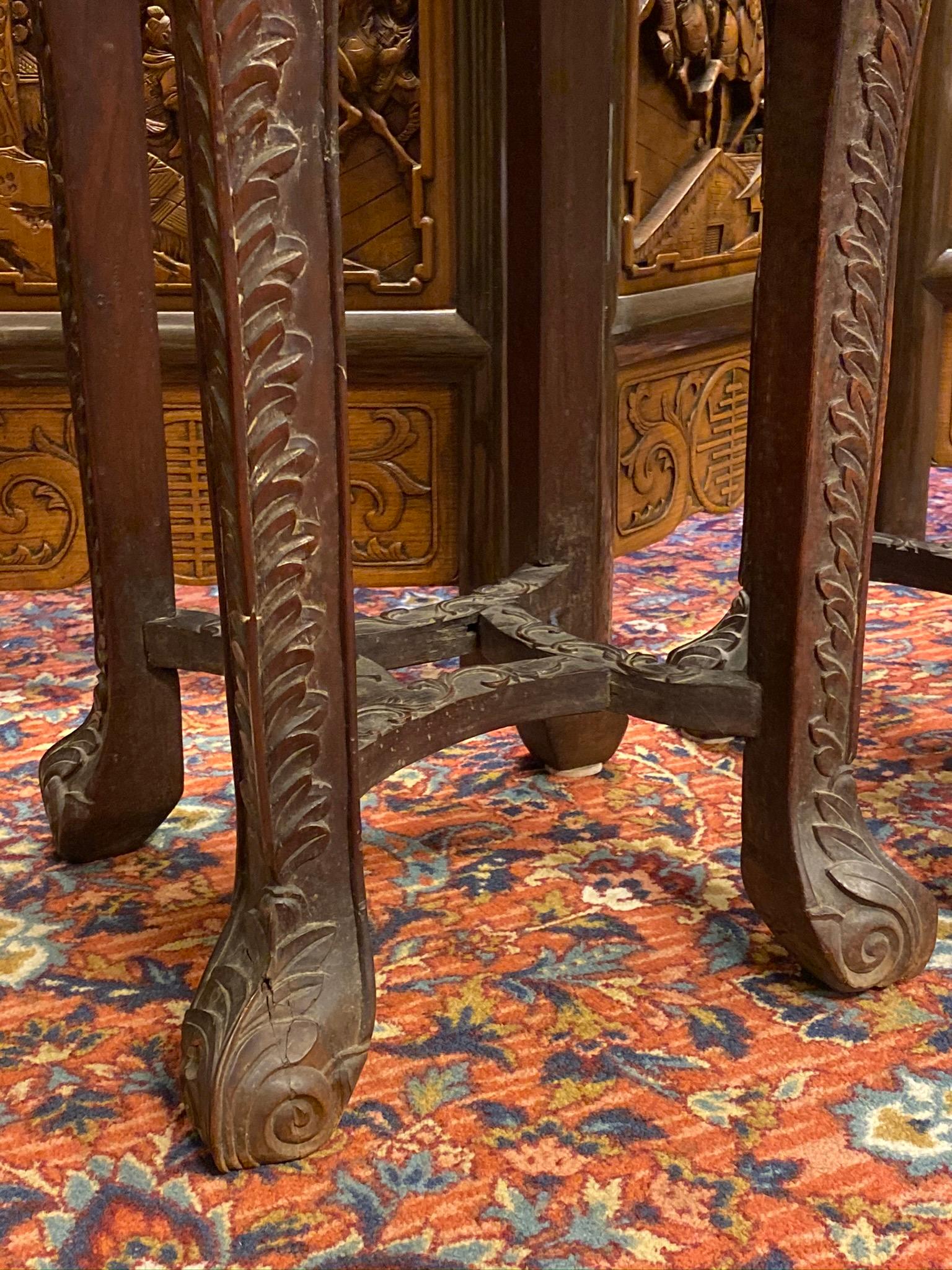 Pair of Chinese Carved Teak Wood and Marble Pedestals 7