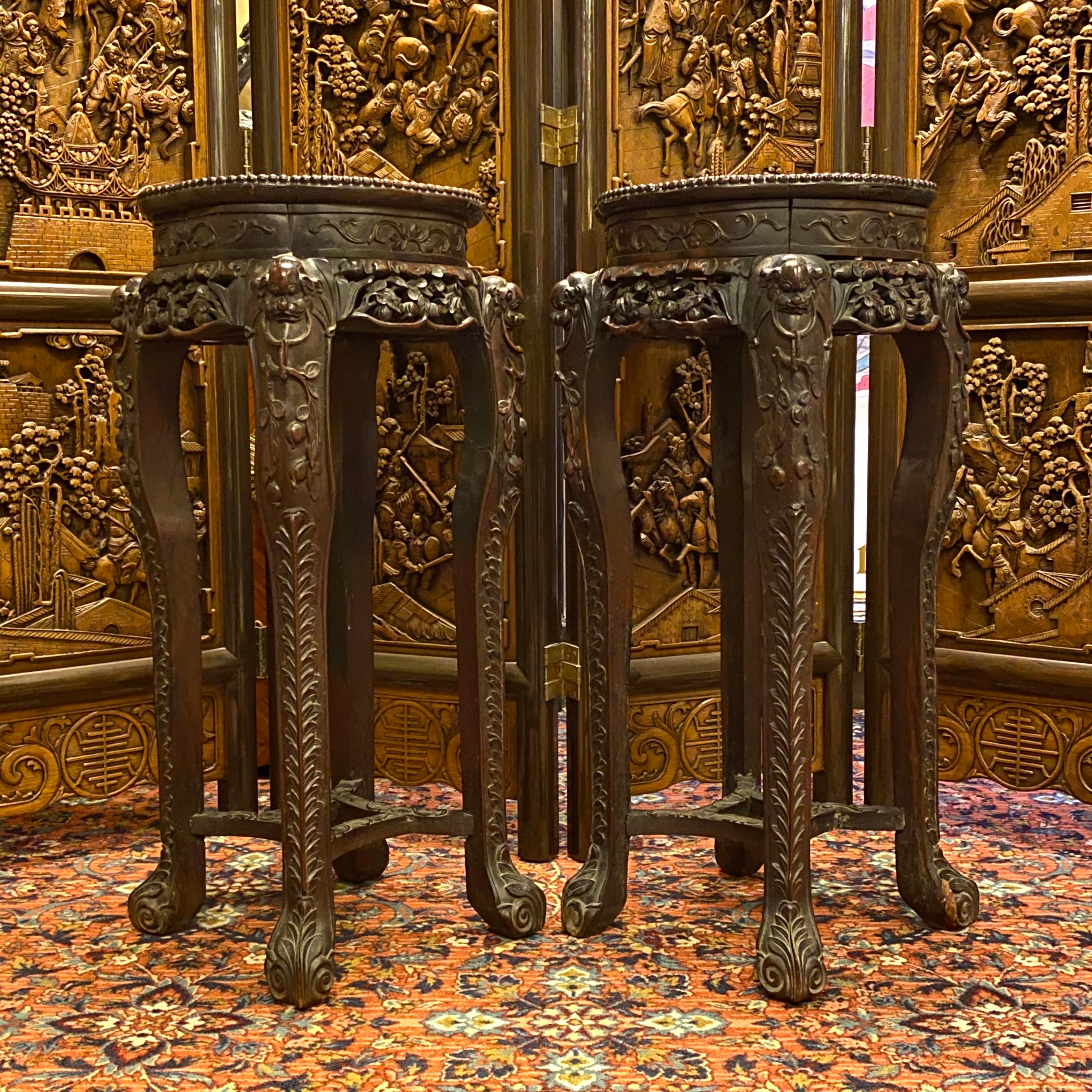 Pair of Chinese Carved Teak Wood and Marble Pedestals 9