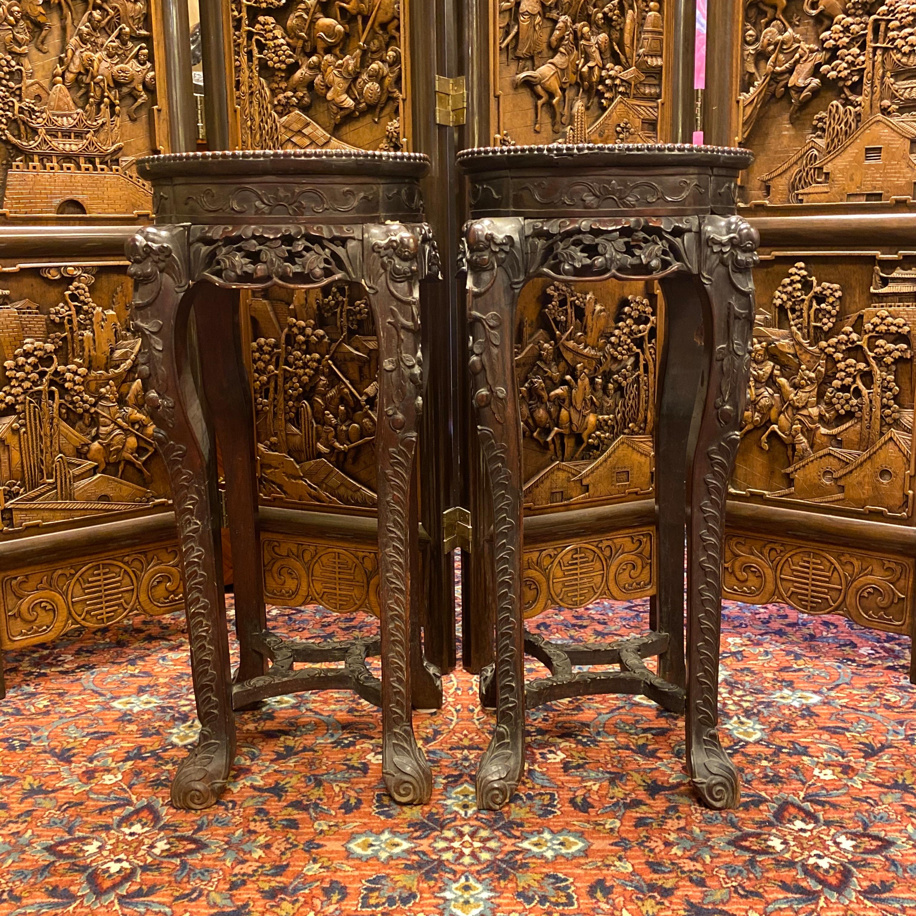 Pair of Chinese Carved Teak Wood and Marble Pedestals In Good Condition In New York, NY