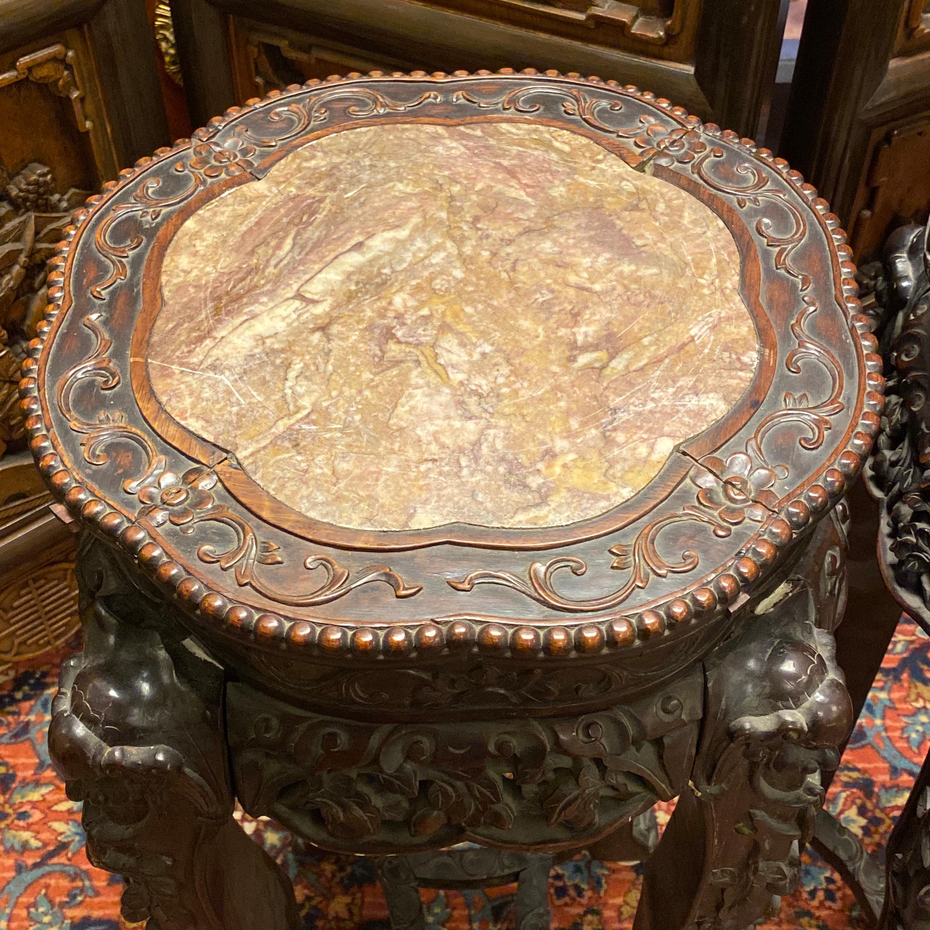 Early 20th Century Pair of Chinese Carved Teak Wood and Marble Pedestals