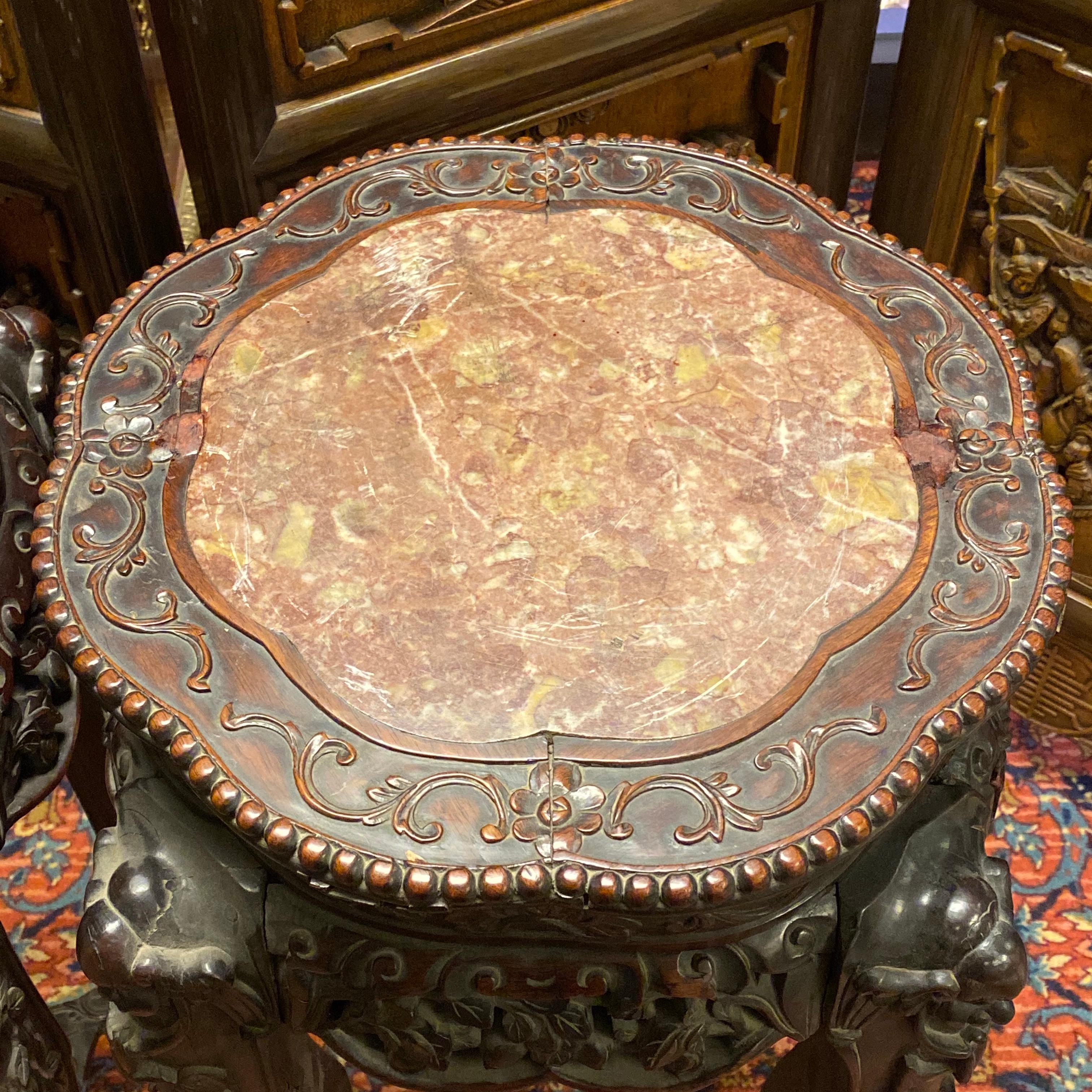 Pair of Chinese Carved Teak Wood and Marble Pedestals 1