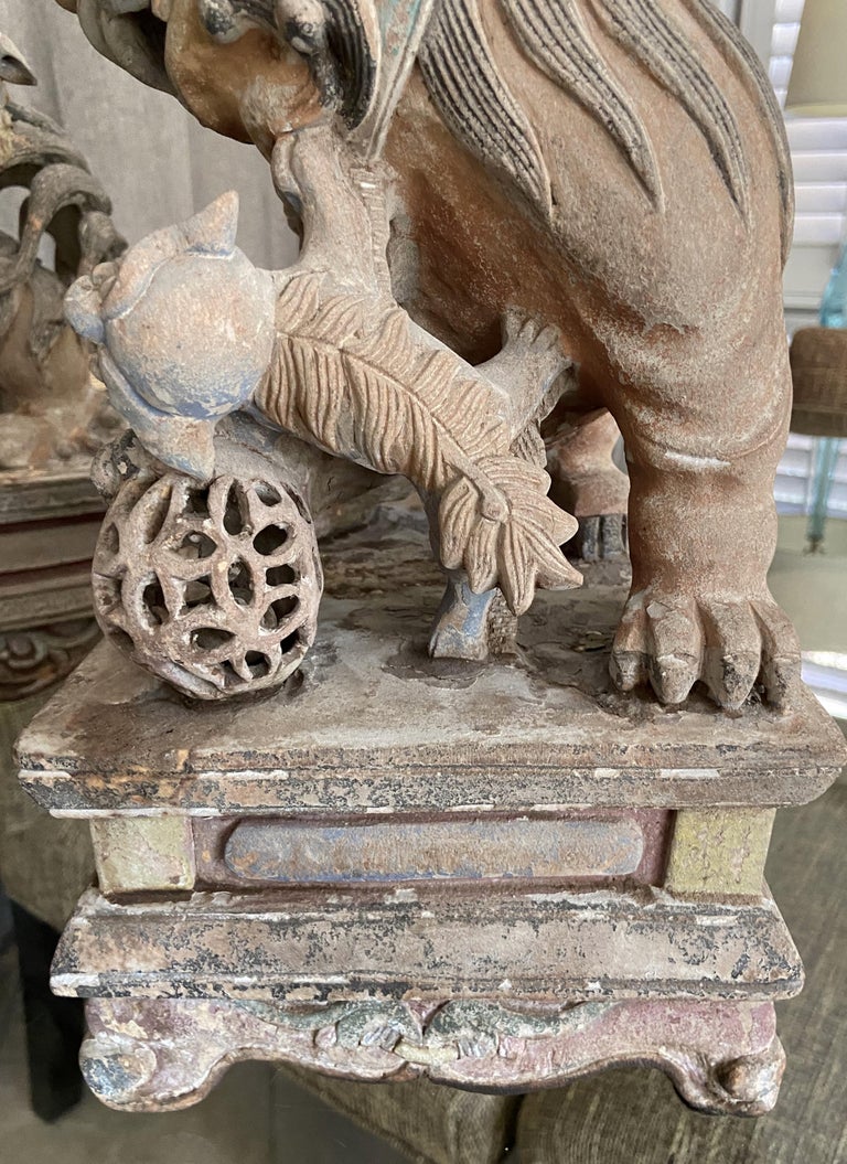 Pair Chinese Caved Wood Guardian Lions Foo Dogs For Sale at 1stDibs