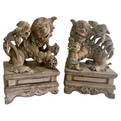 Pair Chinese Caved Wood Guardian Lions Foo Dogs