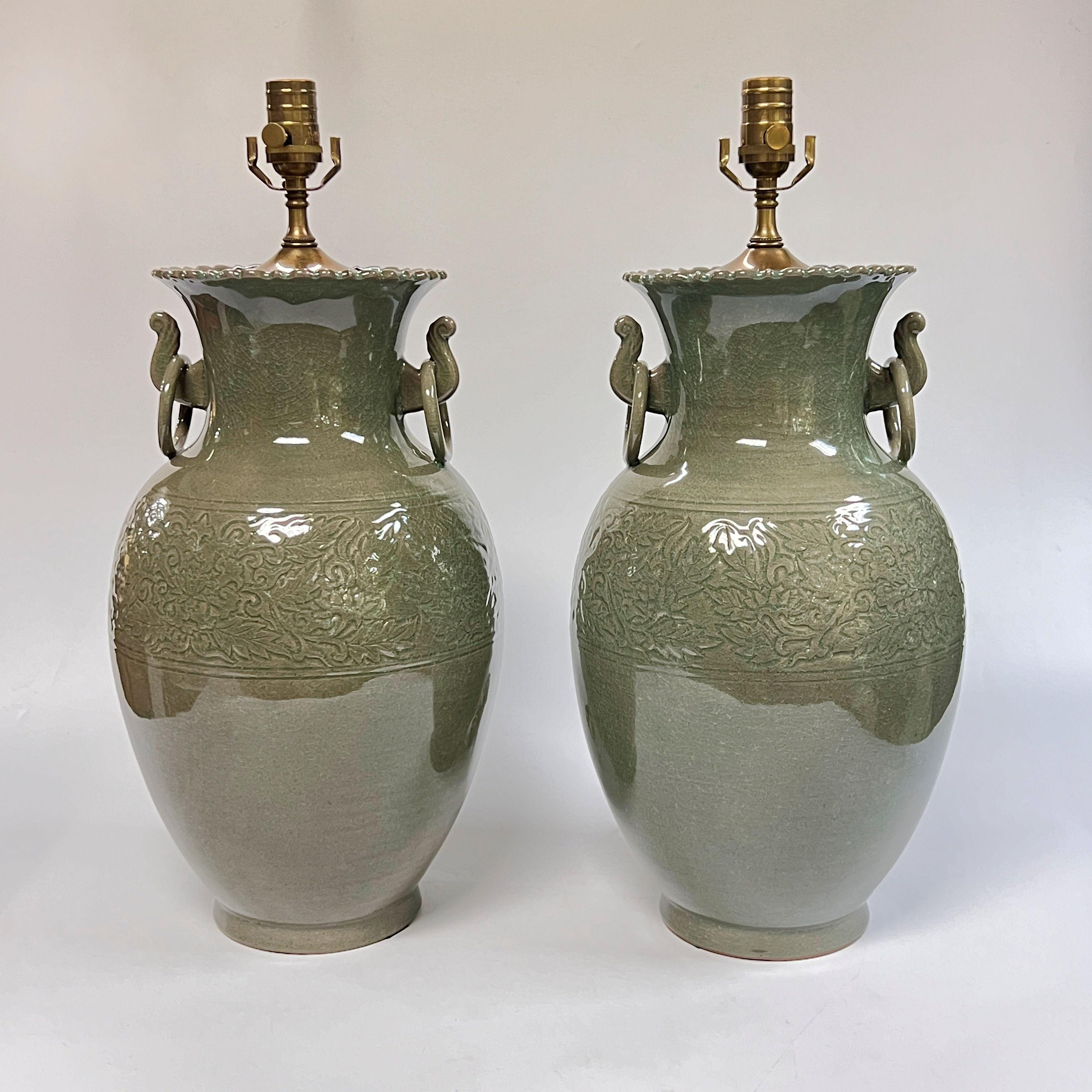 Pair Chinese Celadon Green Glazed Ceramic Table Lamps In Good Condition For Sale In New York, NY