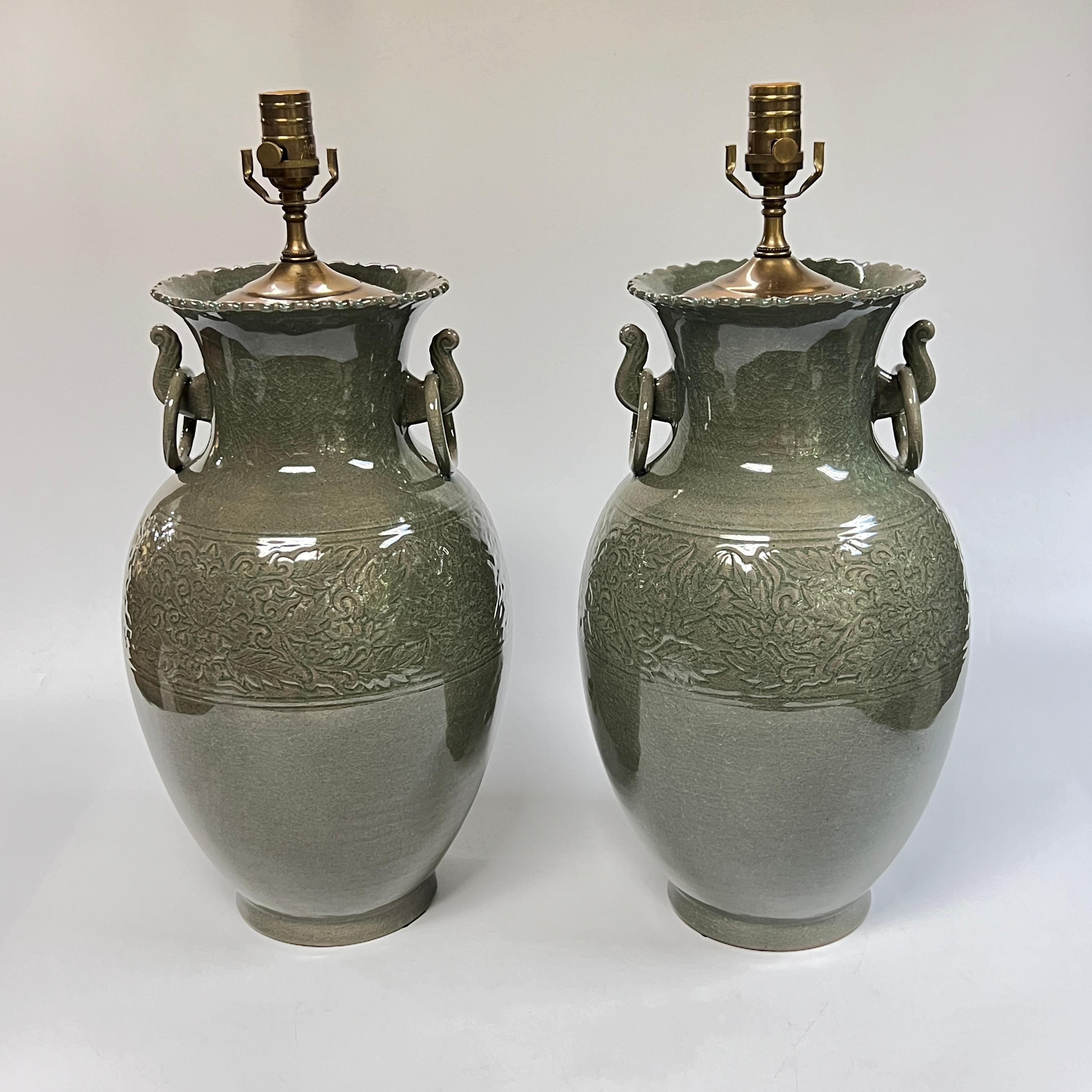 20th Century Pair Chinese Celadon Green Glazed Ceramic Table Lamps For Sale