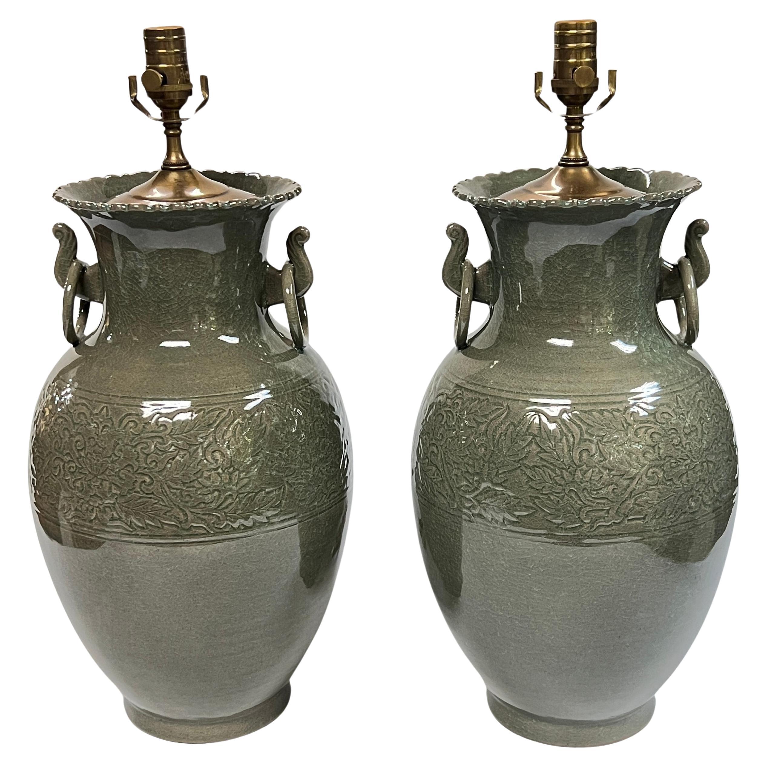 Pair Chinese Celadon Green Glazed Ceramic Table Lamps