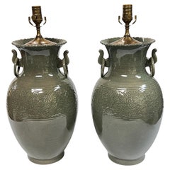 Vintage Pair Chinese Celadon Green Glazed Ceramic Table Lamps