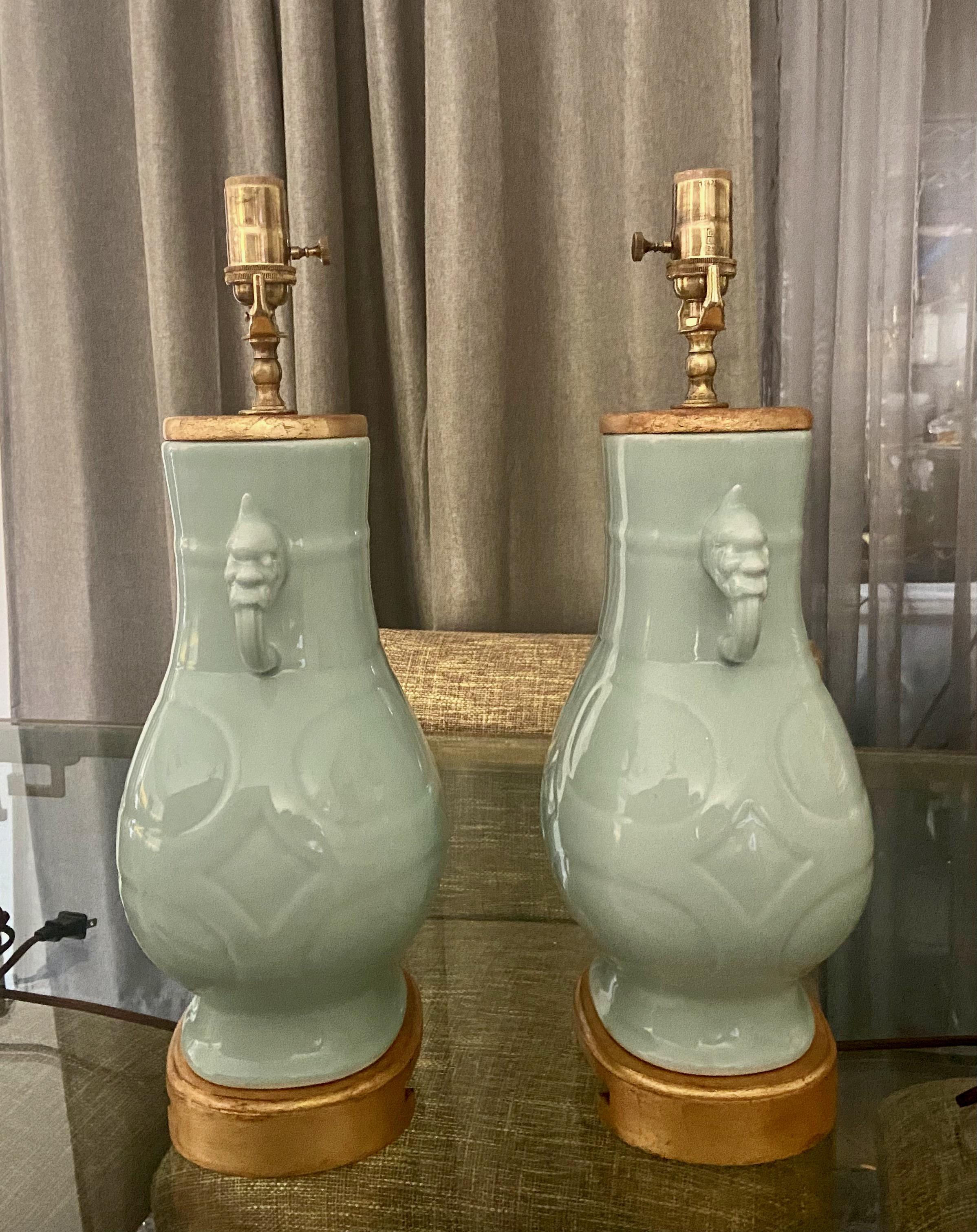 Pair Chinese Celadon Green Porcelain Table Lamps For Sale 4