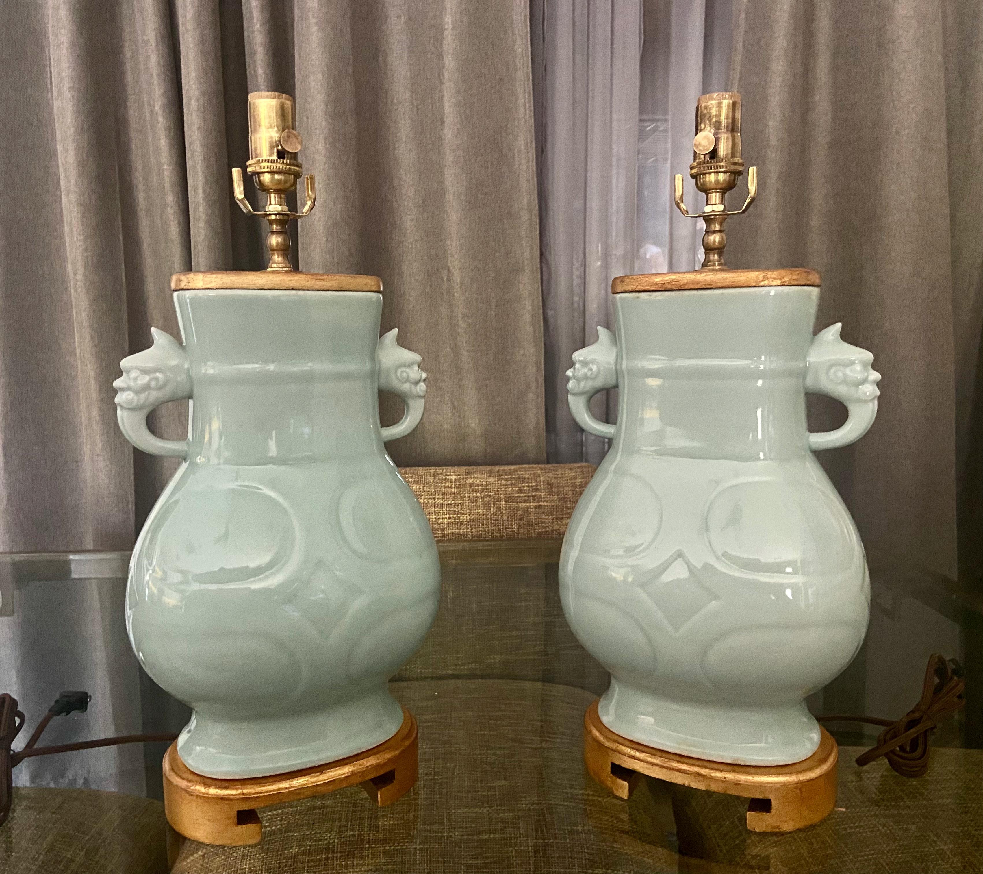 Pair Chinese Celadon Green Porcelain Table Lamps For Sale 5