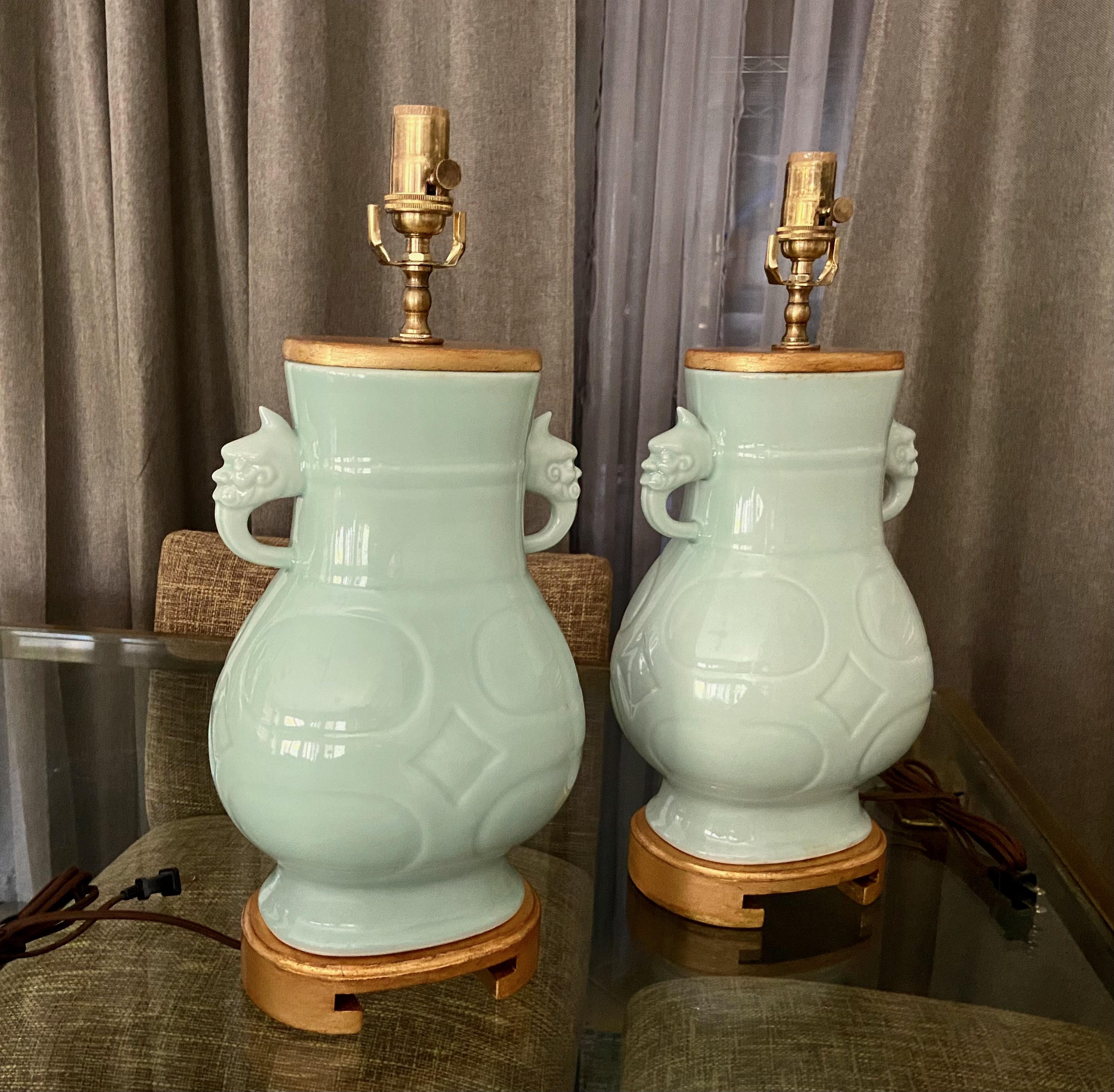 Pair Chinese Celadon Green Porcelain Table Lamps For Sale 8