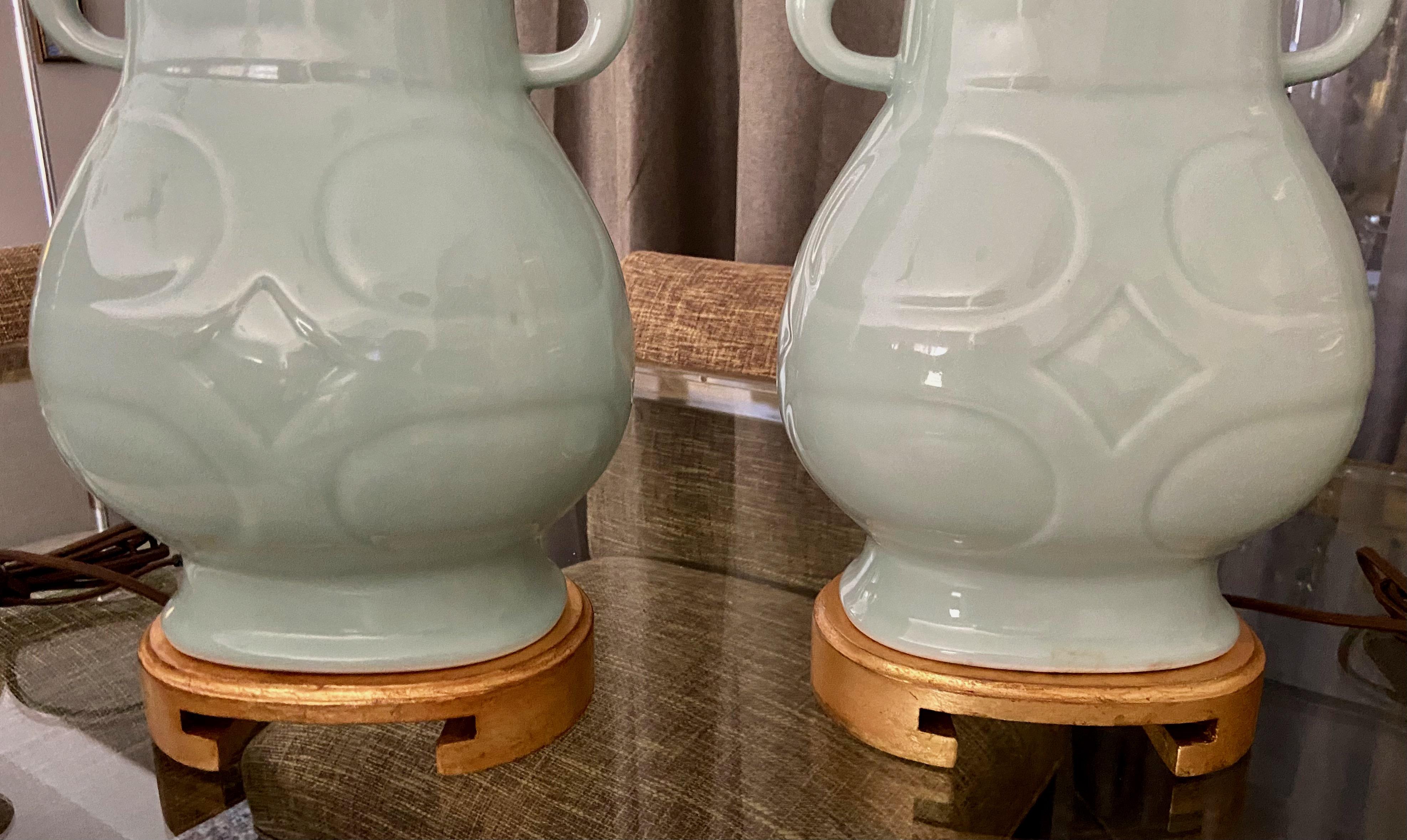 Pair Chinese Celadon Green Porcelain Table Lamps For Sale 9