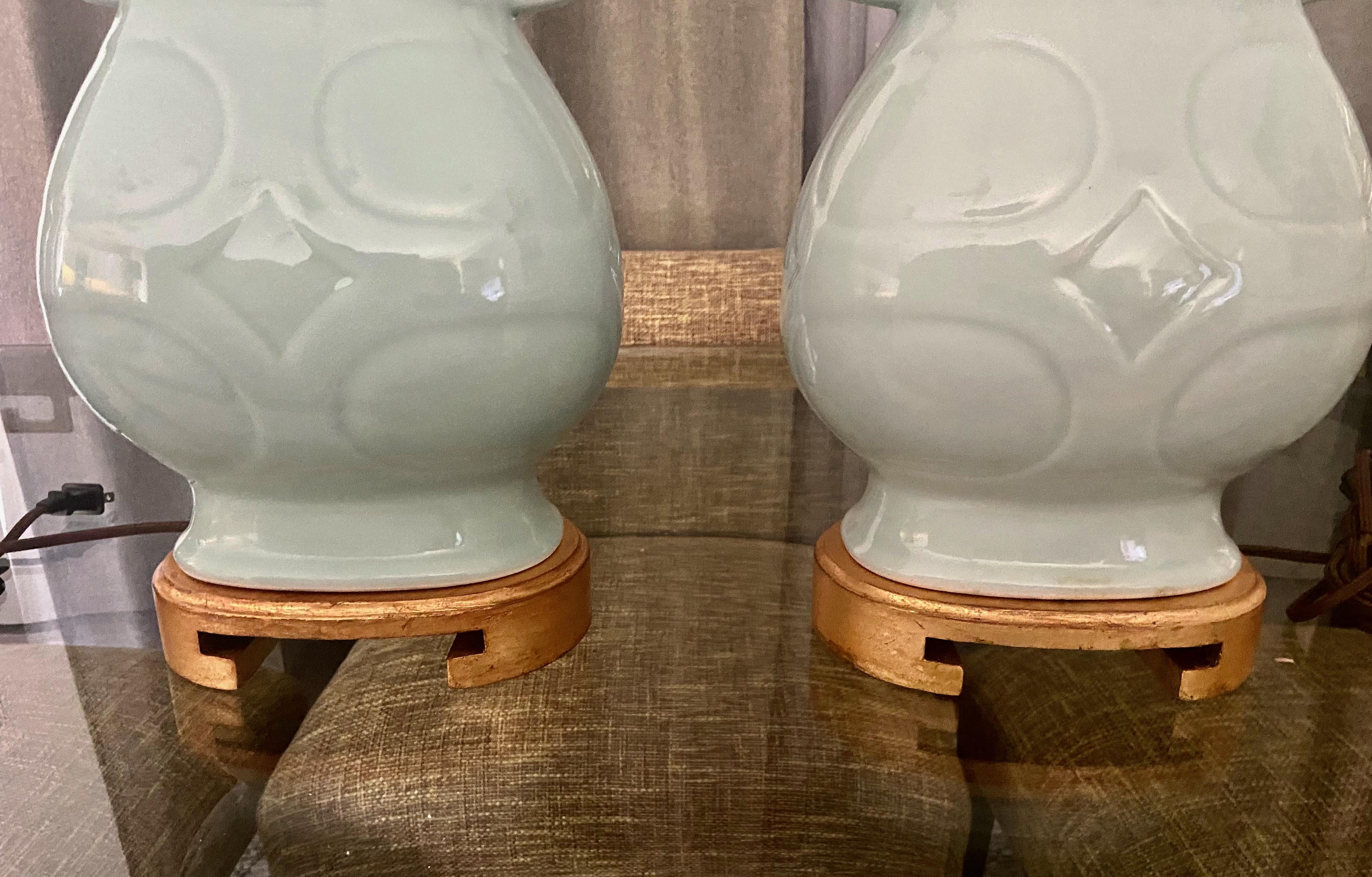 Pair Chinese Celadon Green Porcelain Table Lamps For Sale 12