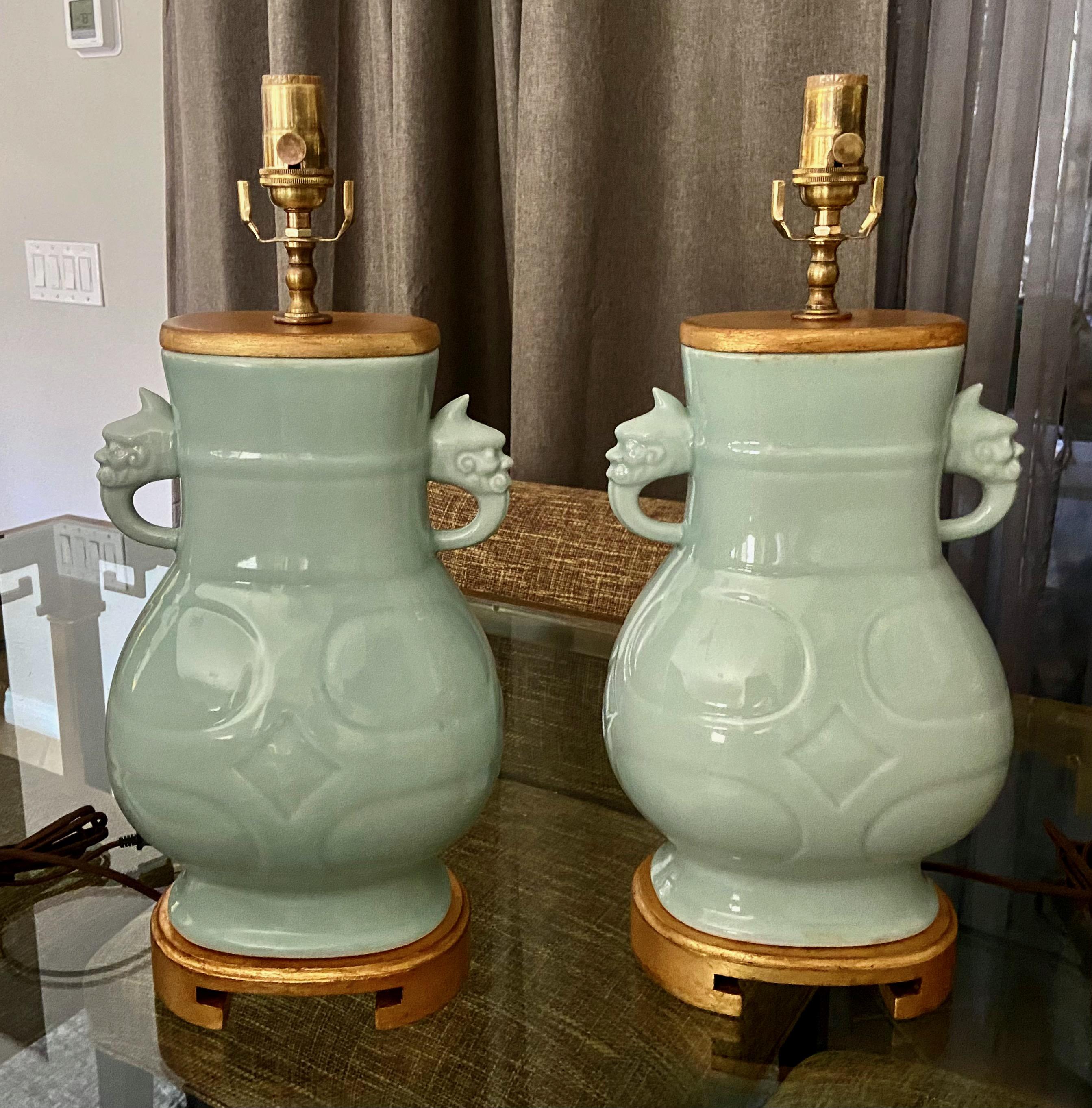 Pair Chinese Celadon Green Porcelain Table Lamps For Sale 13